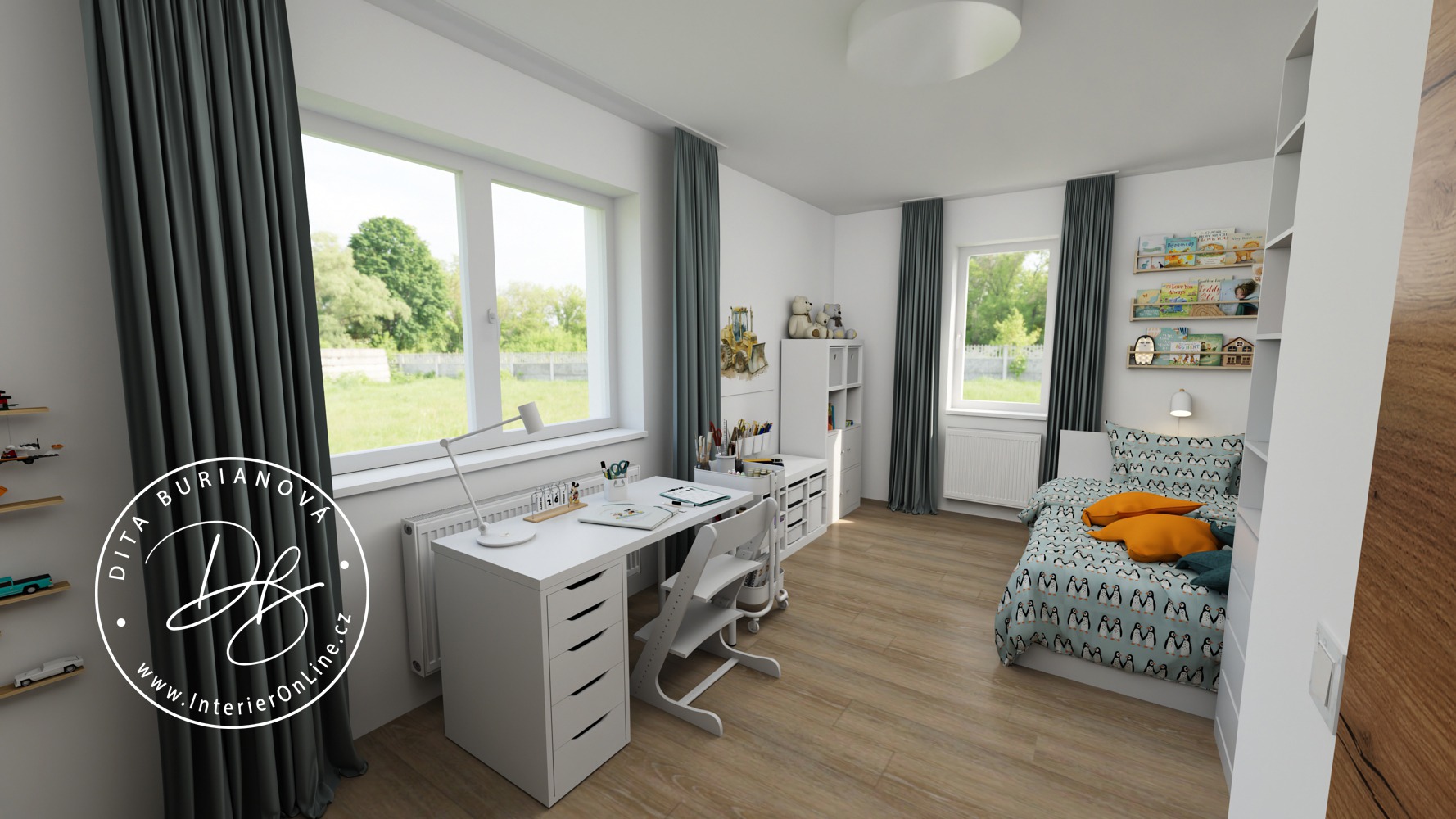 Inspirace pro dětský pokoj pro kluka IKEA. Psací stůl Alex, regál Kallax a trofast + šatní skříně.