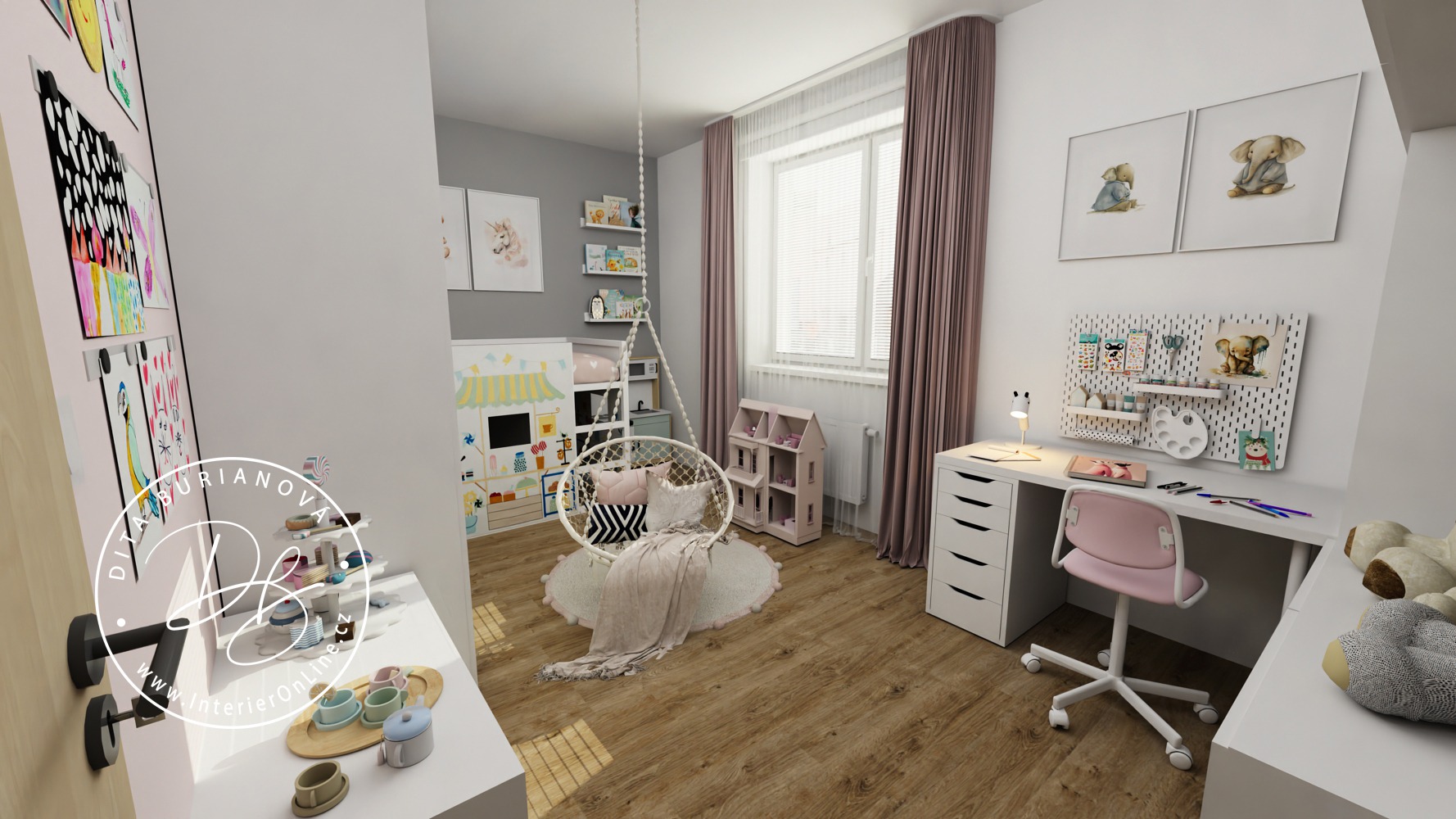 Inspirace pro dětský pokoj pro holku. Bílý pracovní stůl alex/lagkapten, šatní skříň IKEA Pax a hřejivé růžové závěsy.