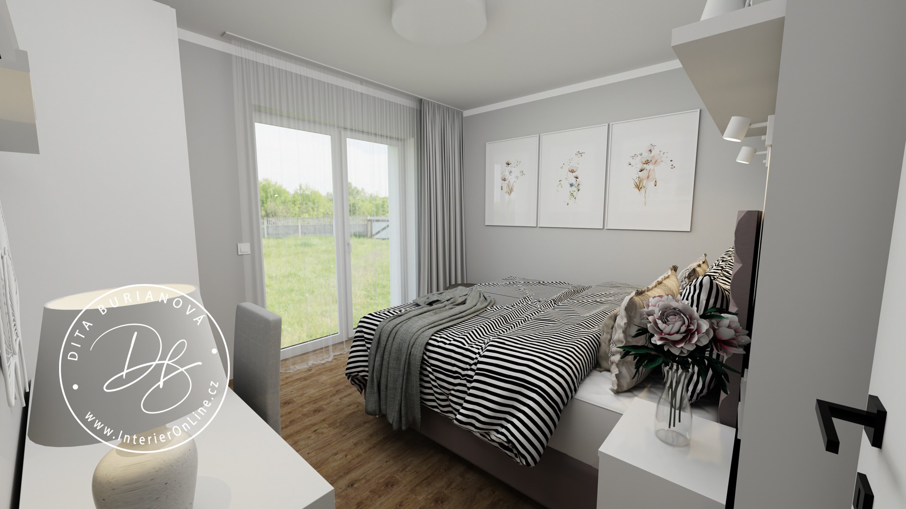 Návrh interiéru ložnice. Pohled na manželskou postel, bílé noční stolky a elegantní obrazy na stěně.