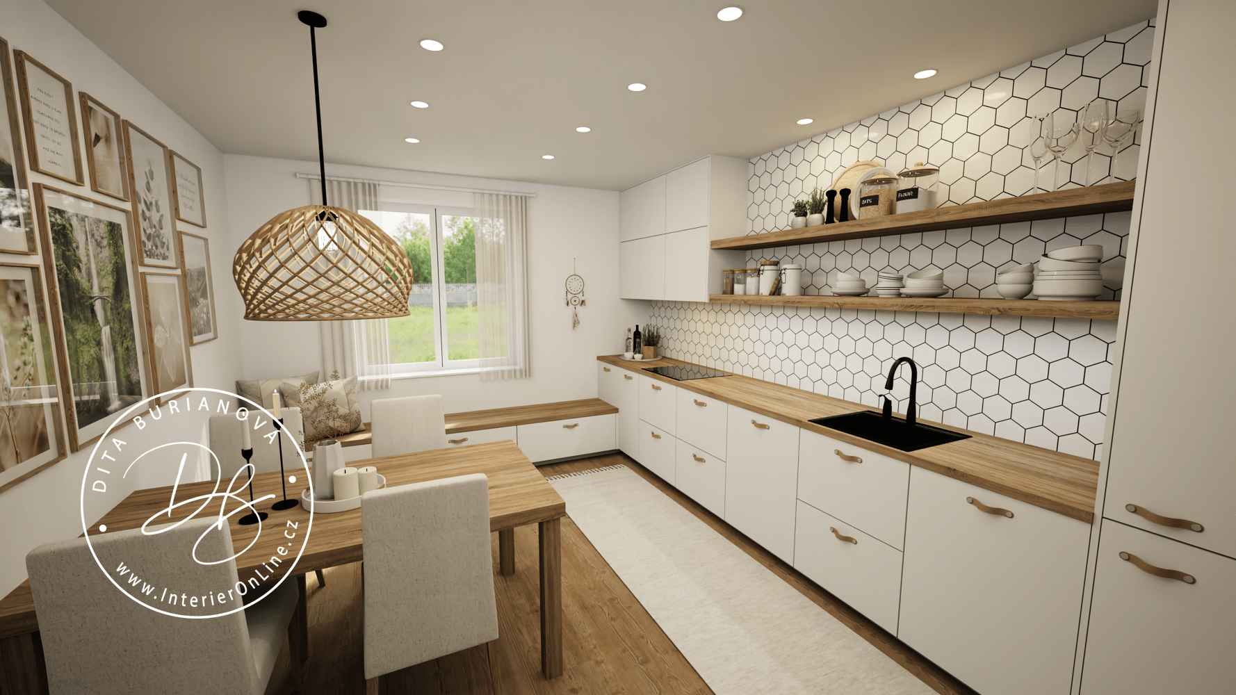 3D návrh skandinávské kuchyně IKEA. Bílá linka s dřevěnou deskou na míru, mozaika a jídelní kout s lavicí.