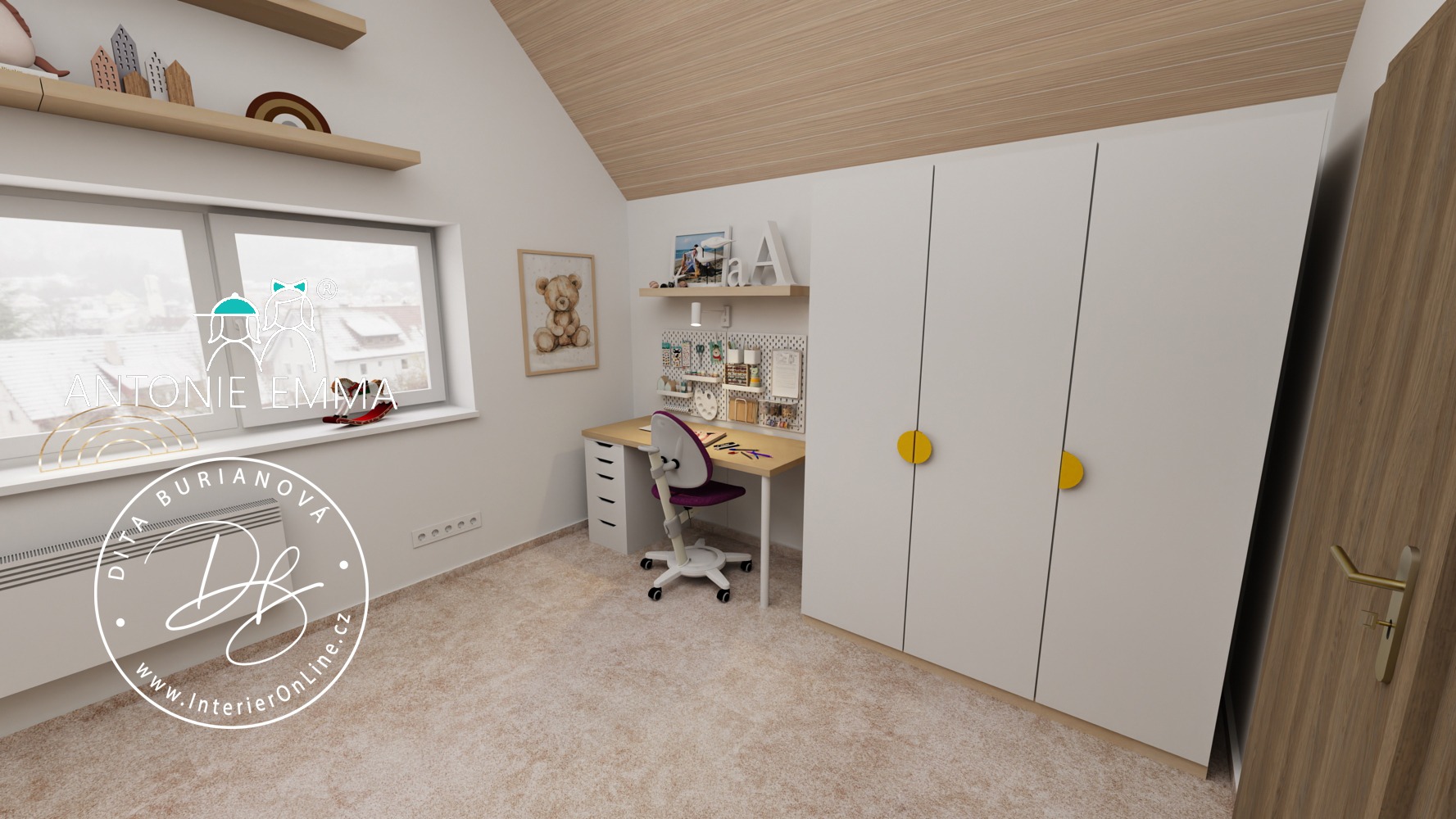 Podkrovní dětský pokoj pro holku inspirace. Bílá šatní skříň IKEA Pax a psací stůl Alex.