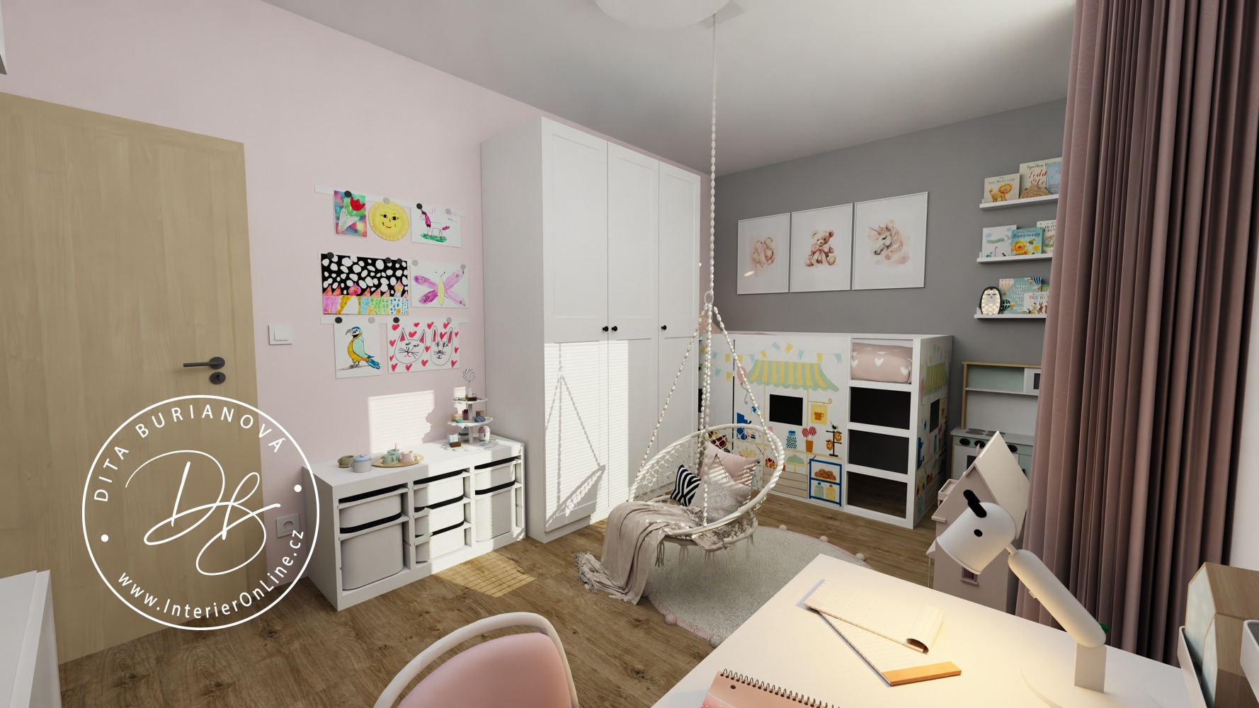Dívčí dětský pokoj inspirace IKEA. Otočná postel IKEA Kura s domečkem na hraní, ikea trofast a závěsné křeslo.