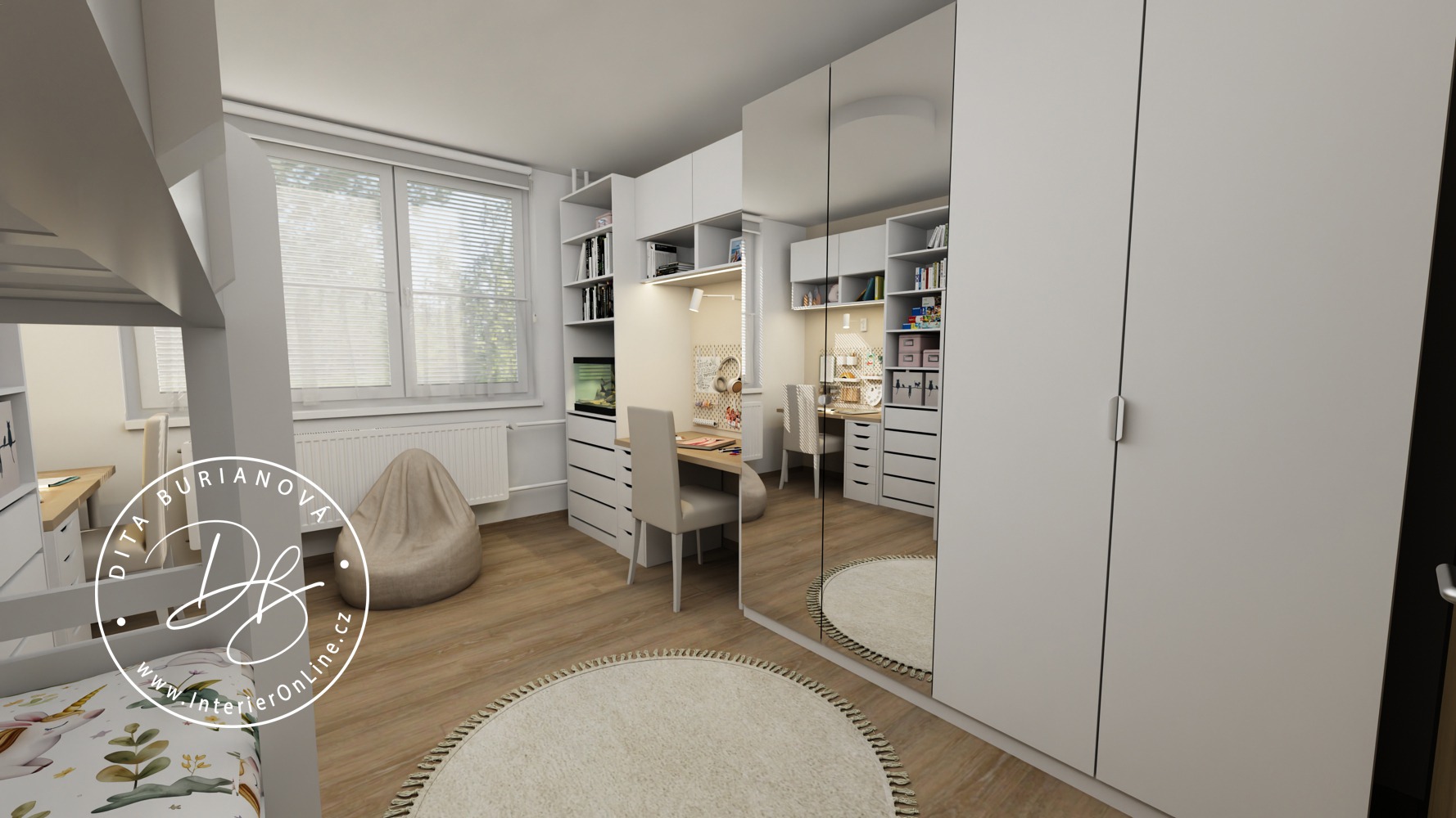 Panelákový dětský pokoj pro dva sourozence inspirace. Bílá šatní skříň IKEA Pax se zrcadlovými dveřmi.
