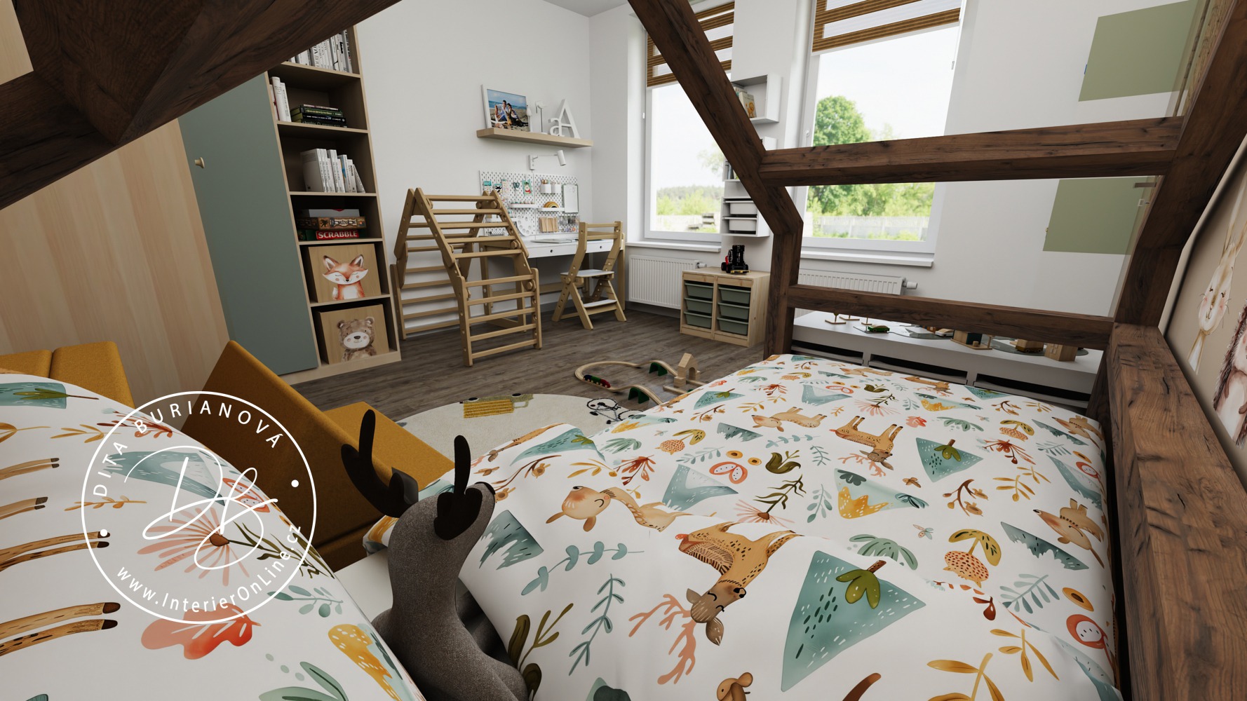 Inspirace pro dětský pokoj s motivem lesních zvířátek. Dřevěná postel domeček a rohová skříň IKEA Pax.