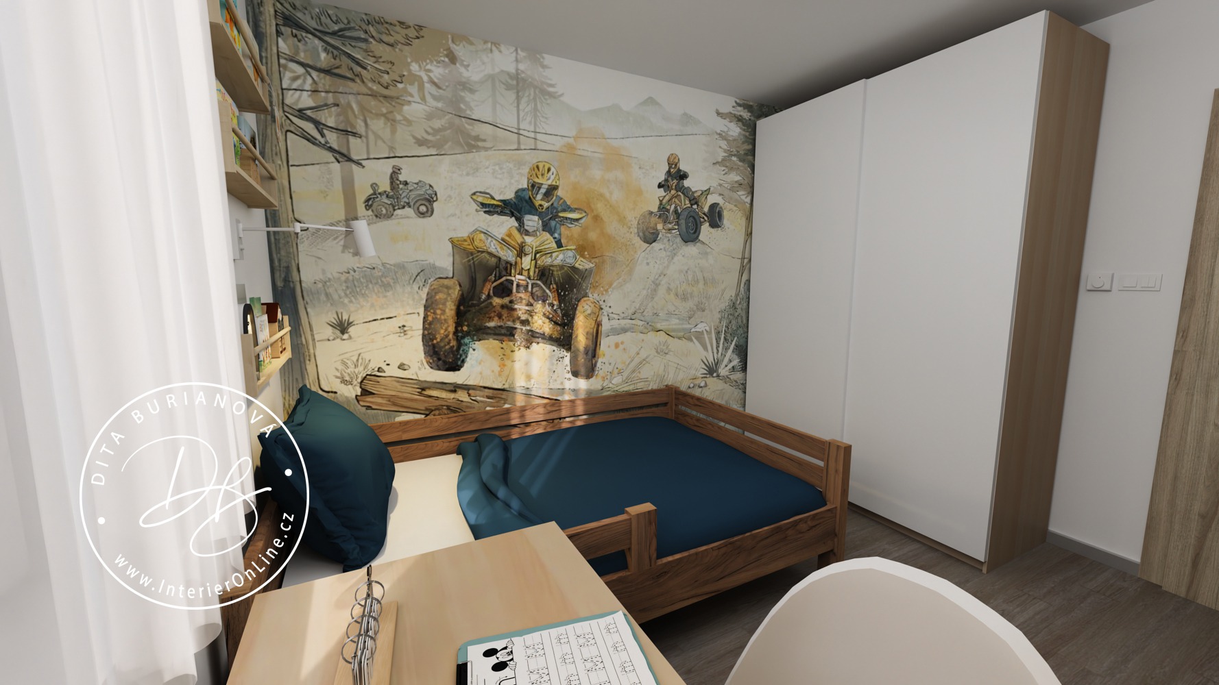 Inspirace pro dětský pokoj pro kluka. Bílá skříň IKEA Pax, poličky flisat a fototapeta se čtyřkolkami