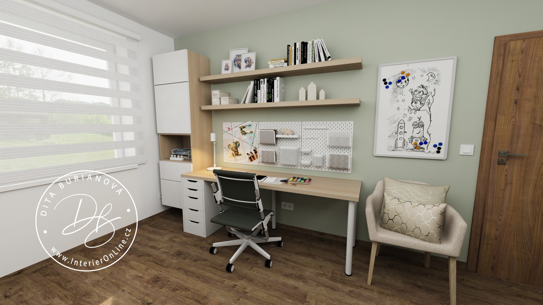 dívčí dětský pokoj inspirace IKEA. Vysoká úložná sestava Bestå, stůl Lagkapten, police lack, nástěnka skadis, magnetická tabule a šalvějová stěna.