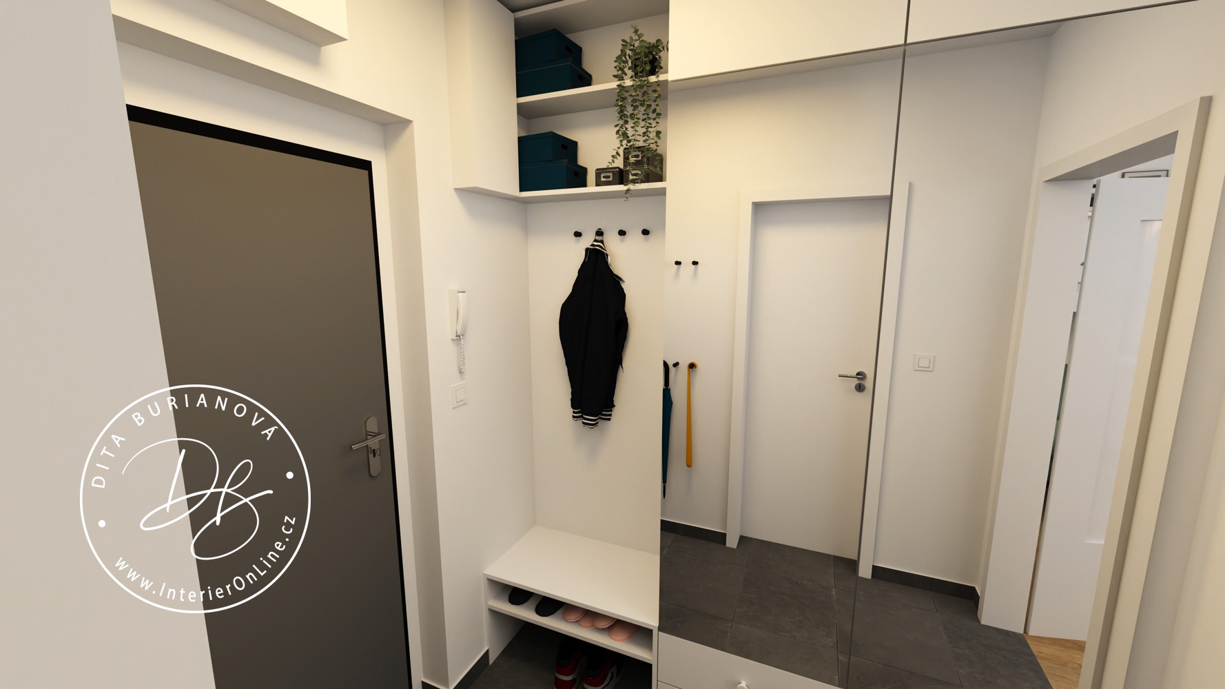 Návrh předsíně ve víkendovém bytě. Bílá šatní skříň IKEA Platsa se zrcadlem a věšáková stěna na míru