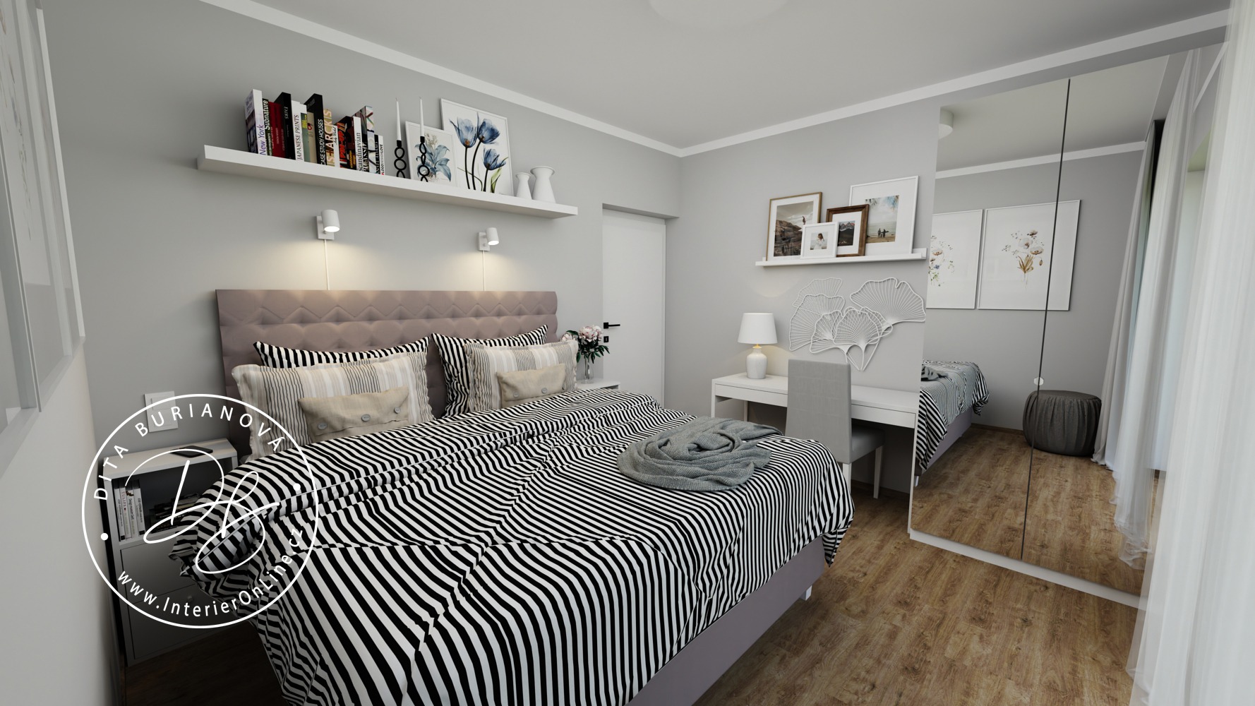 Inspirace pro moderní ložnici. Šatní skříň IKEA Pax se zrcadlovými dveřmi a čalouněná postel s policí.
