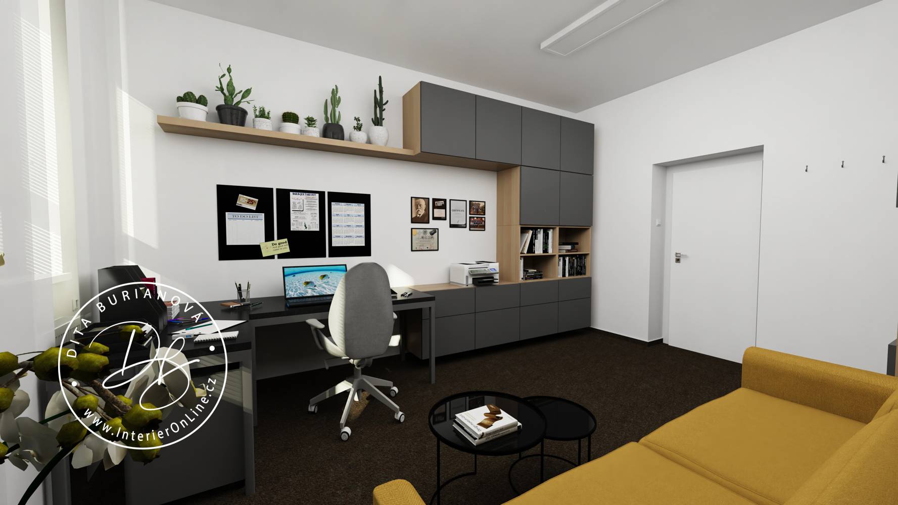 Velká kancelářská sestava IKEA Lagkapten s šuplíky Alex, skříňkami Bestå a nástěnkou