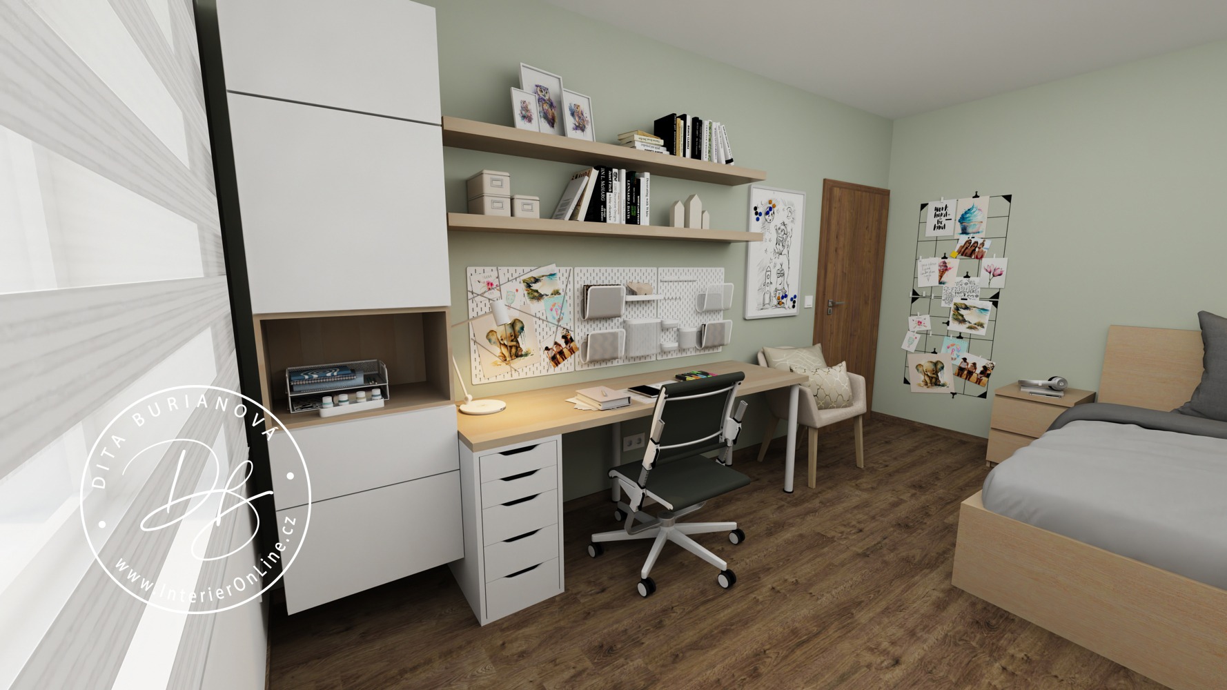 Návrh studentského pokoje pro holku. Šalvějová výmalba, stůl Alex, skříňky Besta a postel IKEA Malm.