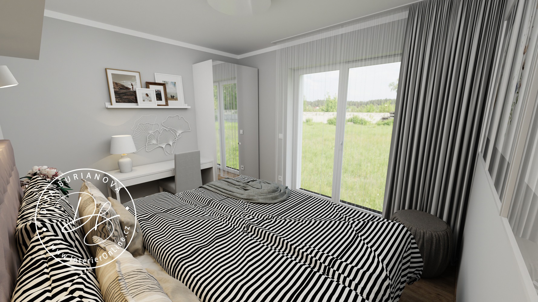 3D návrh světlé ložnice. Čalouněná manželská postel, bílý toaletní stůl IKEA a velké francouzské okno do zahrady.