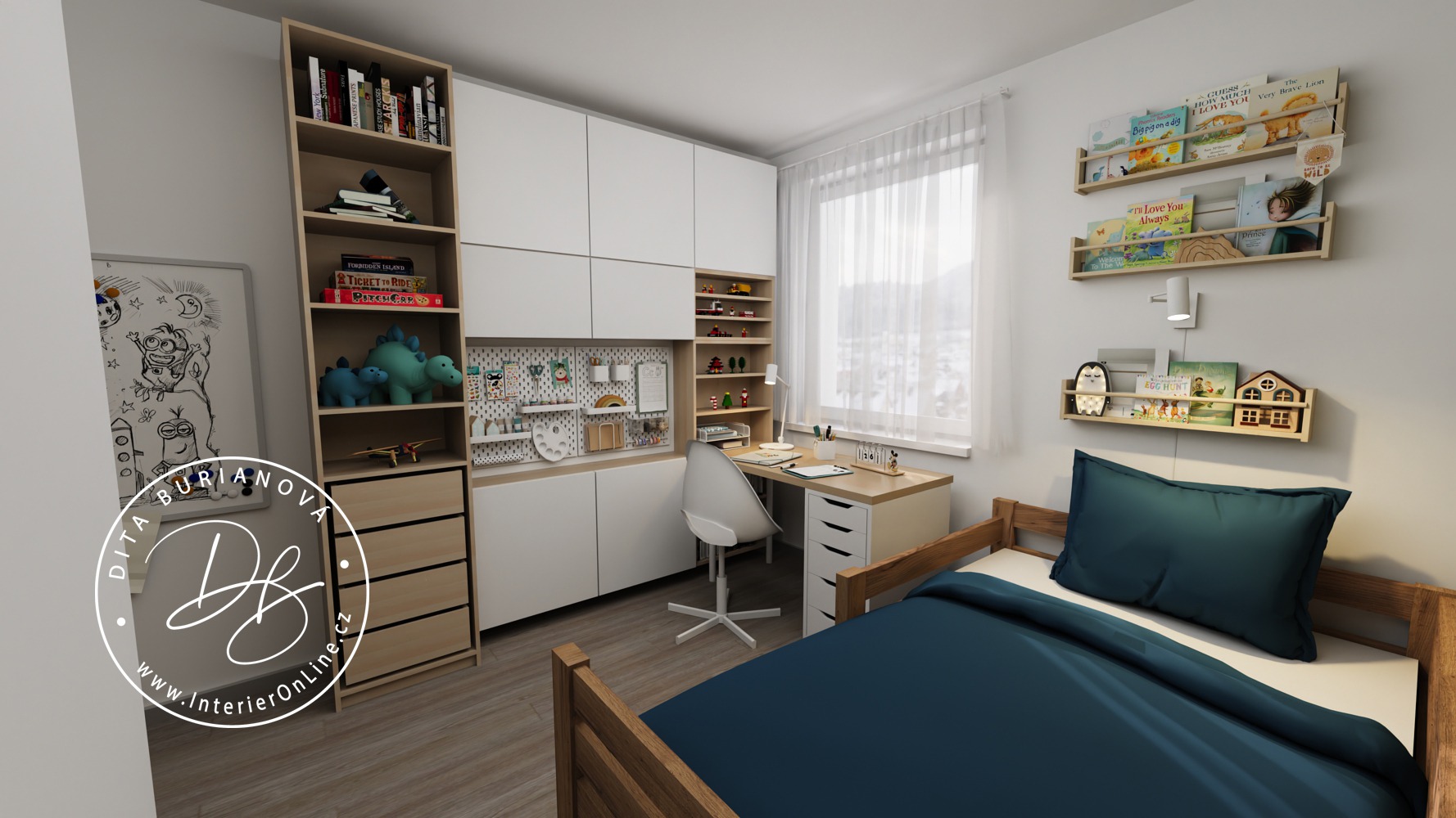 Dětský pokoj pro kluka IKEA inspirace. Šatní skříň IKEA Pax, skříňky ikea besta a stůl alex/lagkapten