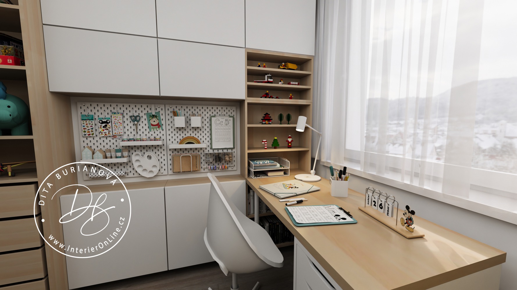 Návrh dětského pokoje IKEA. Pracovní kout se stolem Lagkapten, šuplíky Alex a skříňkami Bestå.