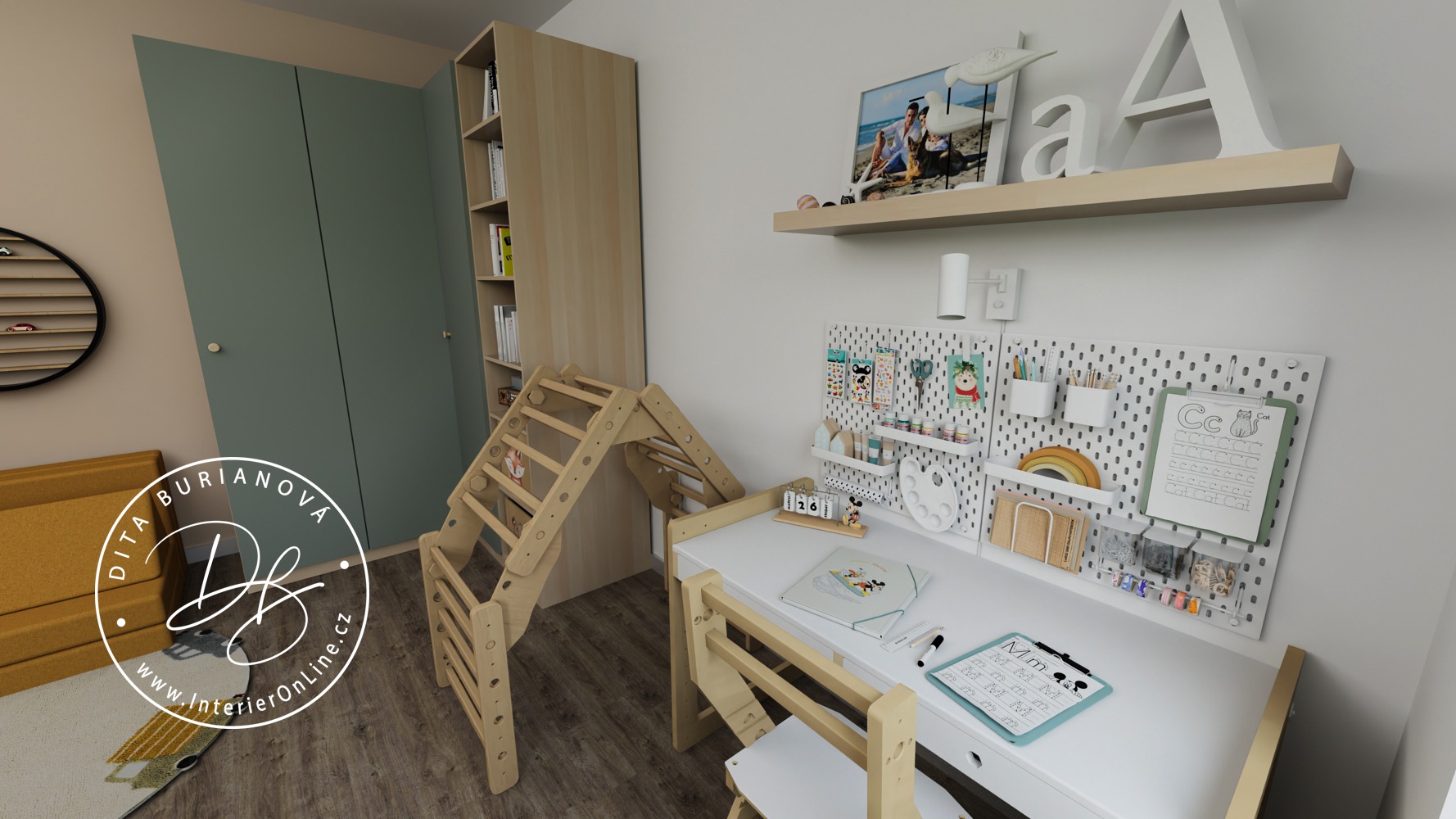 Dětský pokoj pro kluka inspirace. Dřevěný psací stůl a žebřiny Antonie Emma v kombinaci s ikea