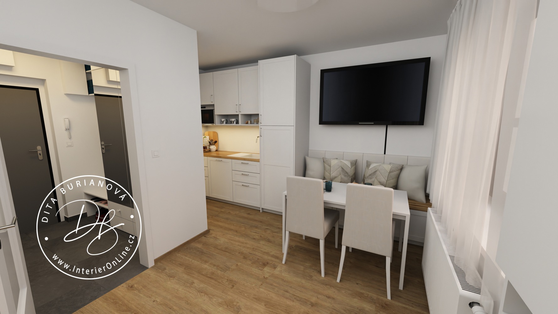 Inspirace pro víkendový byt. Jídelní stůl se židlemi IKEA a bílá kuchyňská linka Metod. V chodbě Ikea platsa