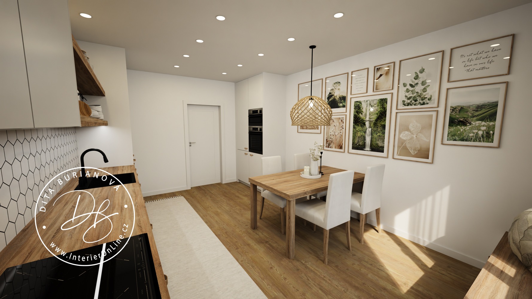 Inspirace pro kuchyni s jídelnou. Masivní dřevěný stůl na zakázku, proutěný lustr a galerie obrazů na stěně.
