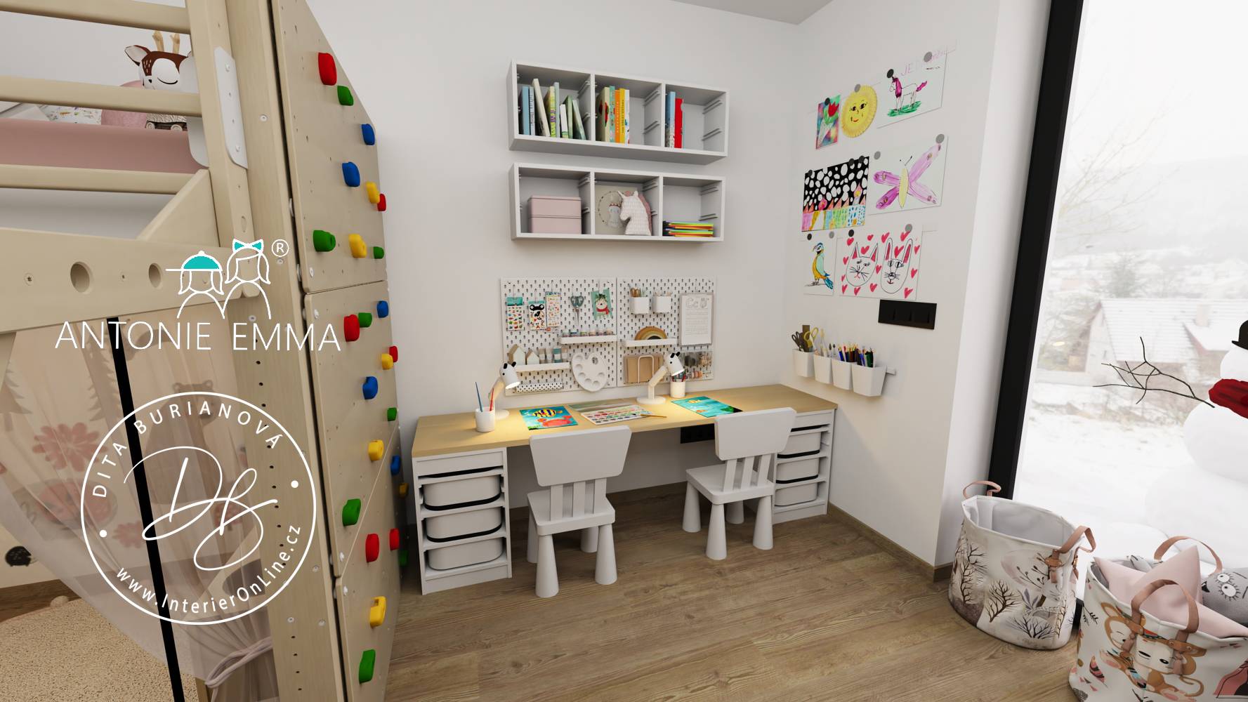 Dvojitý dětský stůl s úložnými boxy Trofast, bílými skříňkami IKEA Smagora a nástěnkou Skadis