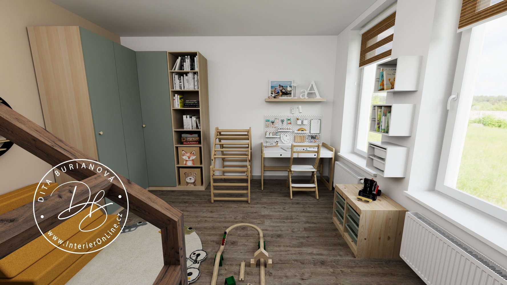 Návrh dětského pokoje pro kluka v lesním stylu. Zelená rohová skříň IKEA Pax, ikea trofast na hračky a průlezky antonie emma