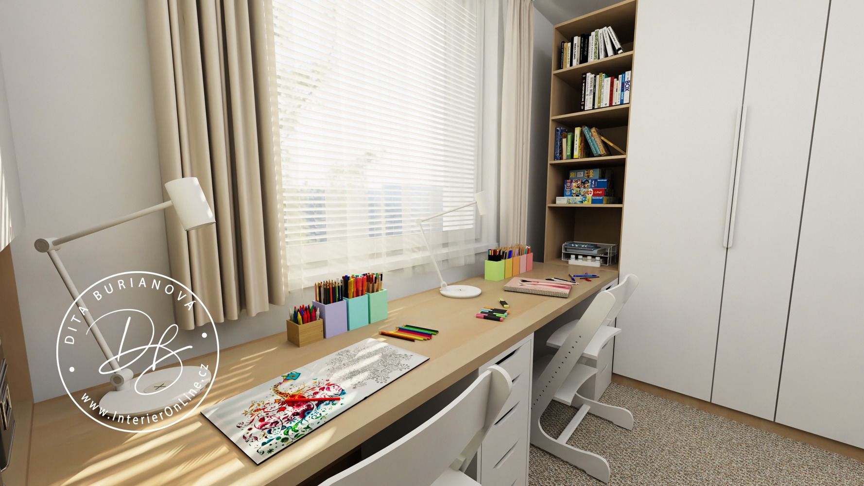 Návrh dětského pokoje pro dvě holky IKEA. Dlouhý psací stůl Lagkapten s šuplíky Alex a skříň Pax.