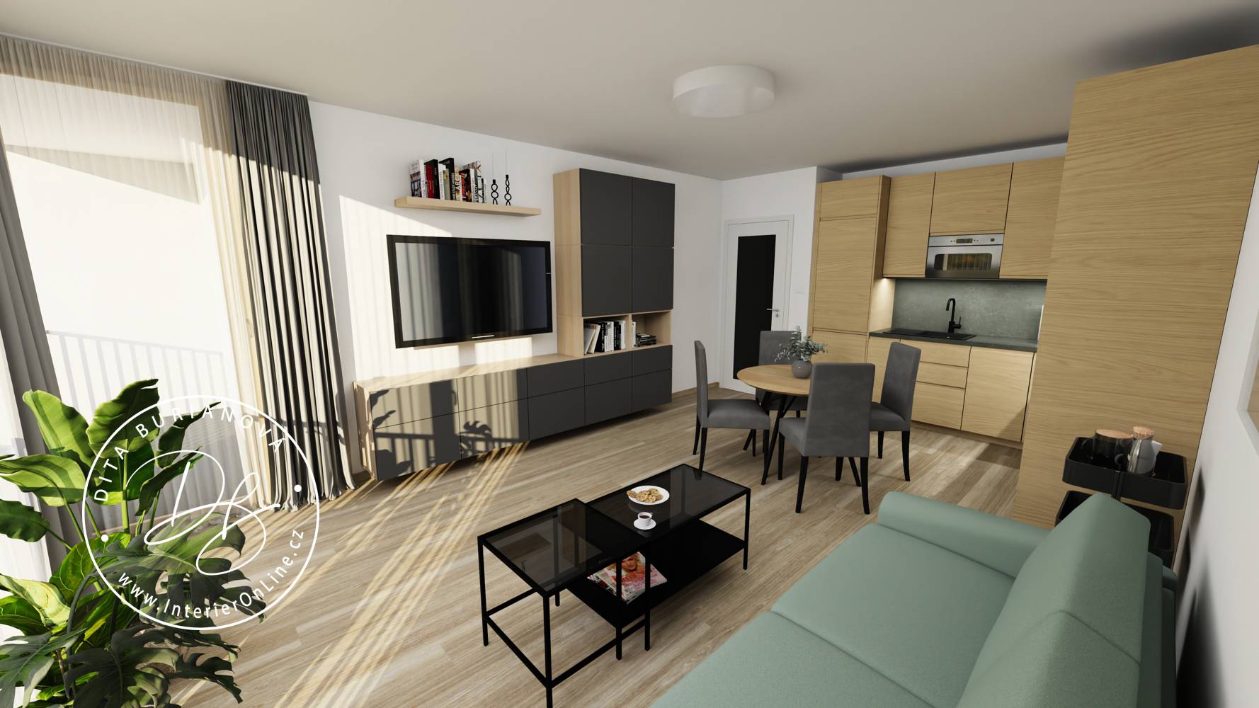 Moderní obývací pokoj s televizní sestavou IKEA Bestå, kulatým jídelním stolem a kuchyní Metod