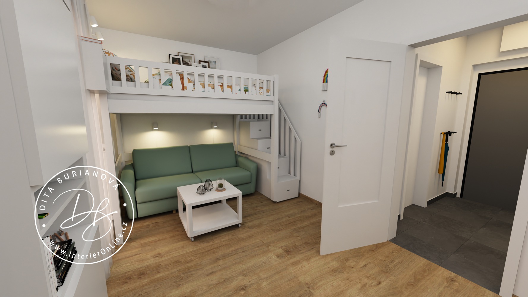 3D návrh malého víkendového bytu. Vyvýšená patrová postel se sedačkou Jech, ikea besta a pohled do předsíně.