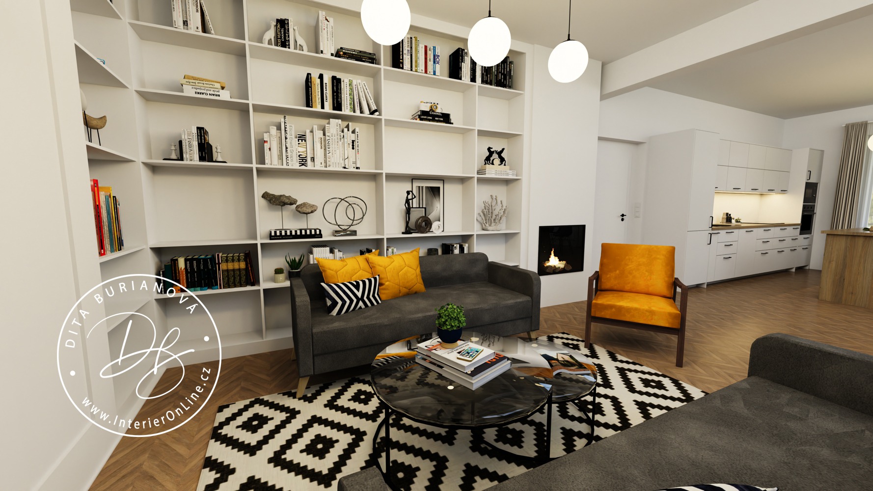 3D návrh obývacího pokoje v prvorepublikové vile. Šedá sedačka IKEA, žluté křeslo, krb a pohled do kuchyně.