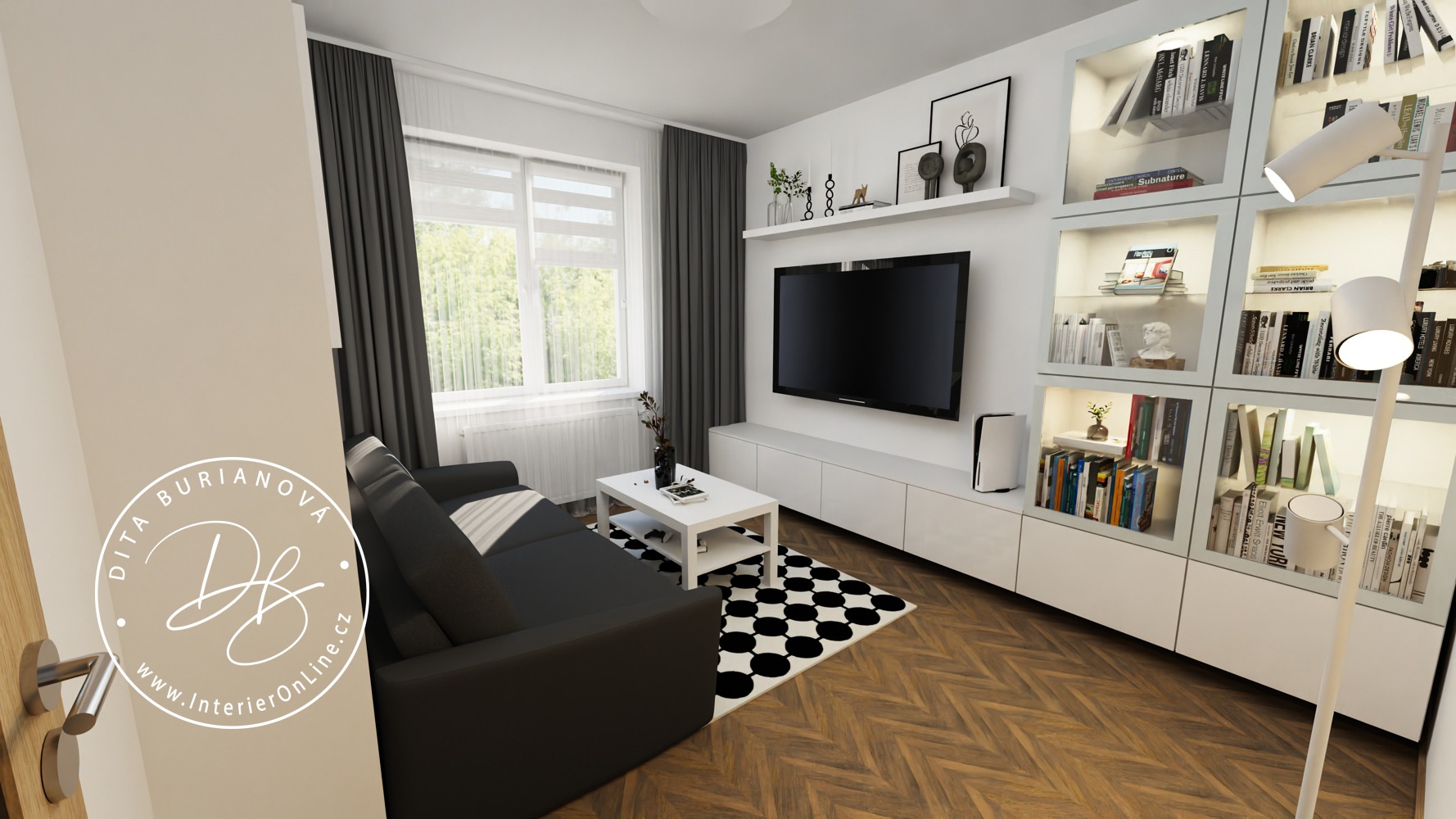 3D návrh pokoje pro hosty s knihovnou. rozkládací sedačka Jech, šachovnicový koberec a bílá stěna IKEA Bestå.