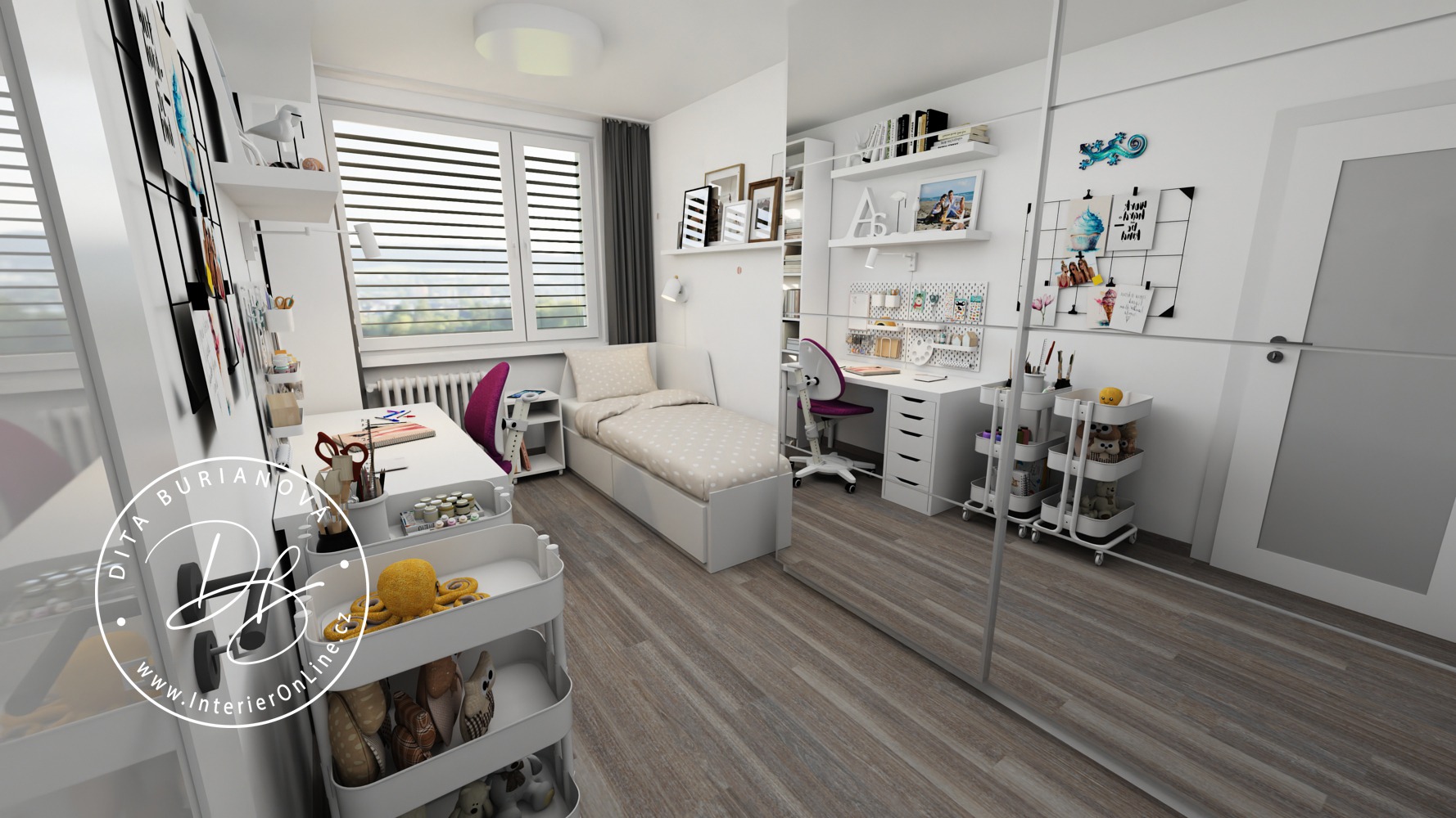 Návrh dětského pokoje pro holku. Šatní skříň IKEA Pax se zrcadlovými dveřmi opticky zvětšuje prostor.