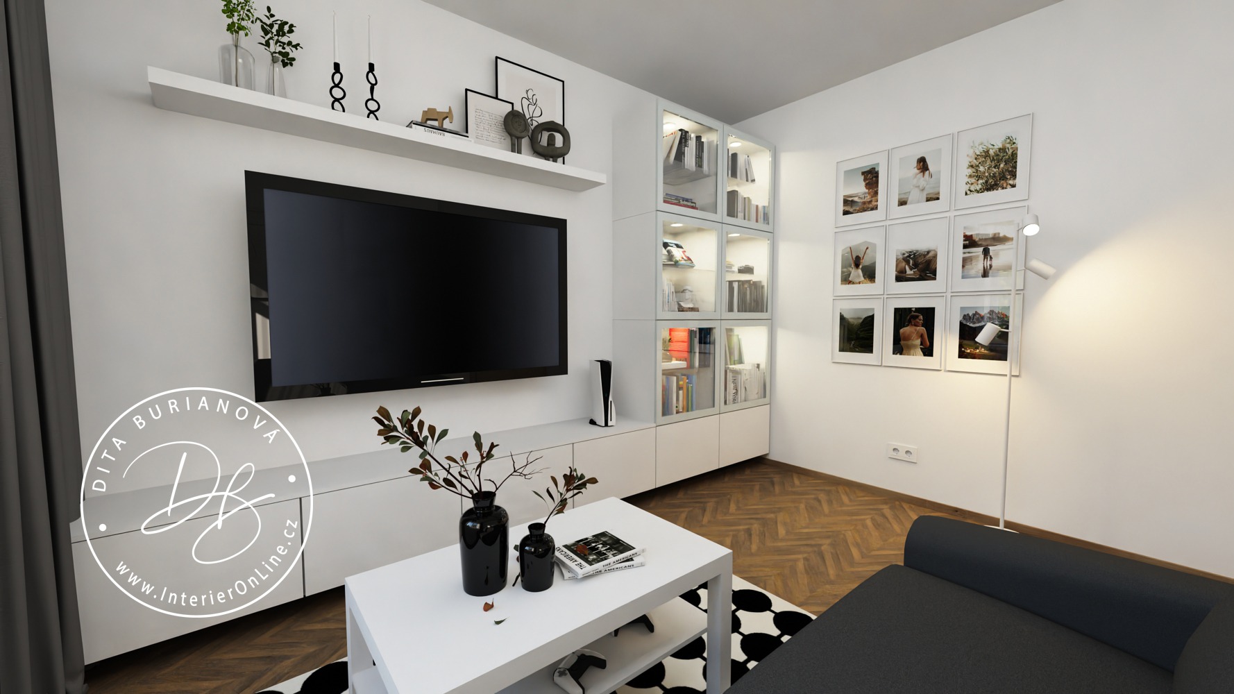 Inspirace pro pokoj pro hosty a domácí kino. Bílá úložná sestava IKEA Bestå pod televizí a konferenční stolek. lack