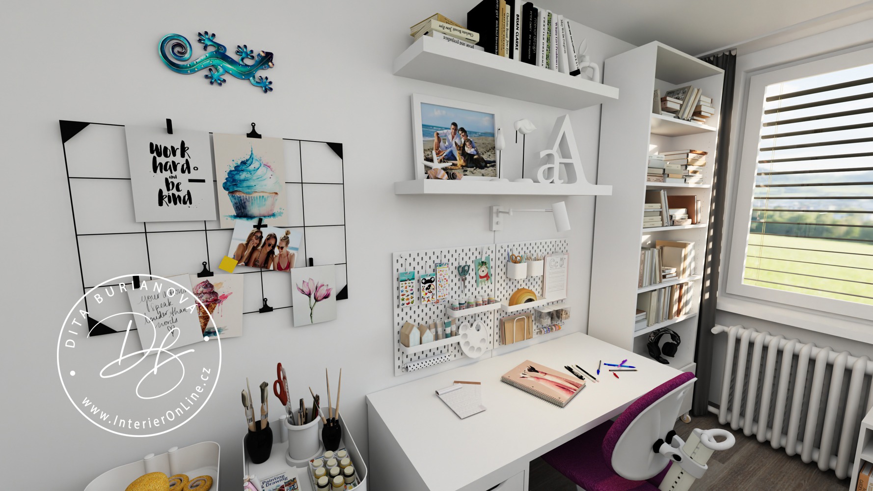 Dívčí dětský pokoj inspirace IKEA. Bílý psací stůl s nástěnkou sosdala a skadis, police lack, knihovna Billy.