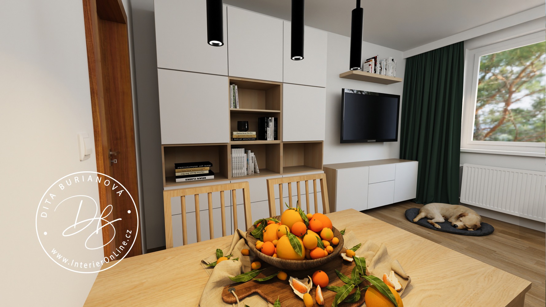 Návrh interiéru apartmánu. Televizní skříňky IKEA Bestå, jídelní stůl a židle ekedalen a designové černé osvětlení.