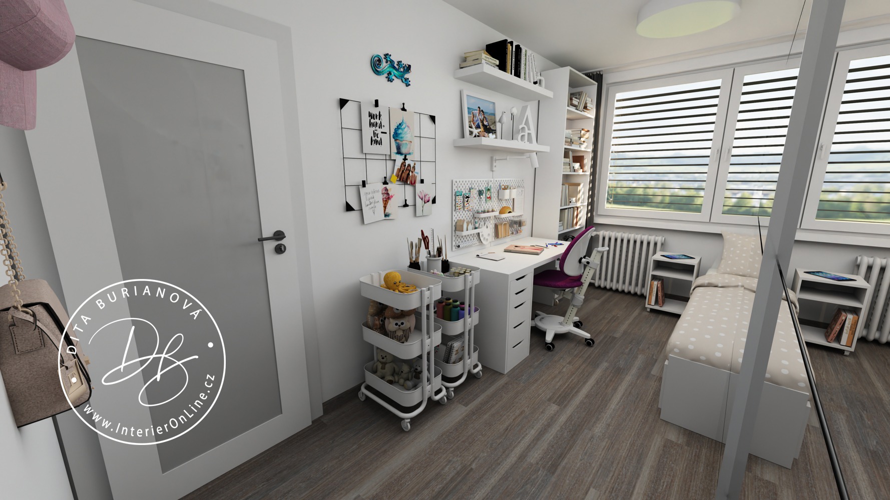 Inspirace pro dětský pokoj pro školačku. Bílý pojízdný vozík IKEA Råskog , stůl alex/lagkapten a knihovna billy