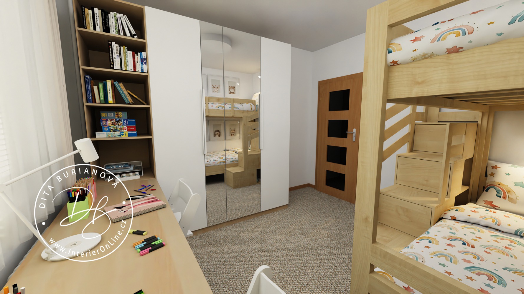 Malý dívčí dětský pokoj pro dvě holky inspirace. Bílá šatní skříň IKEA Pax, knihovna a patrová postel.