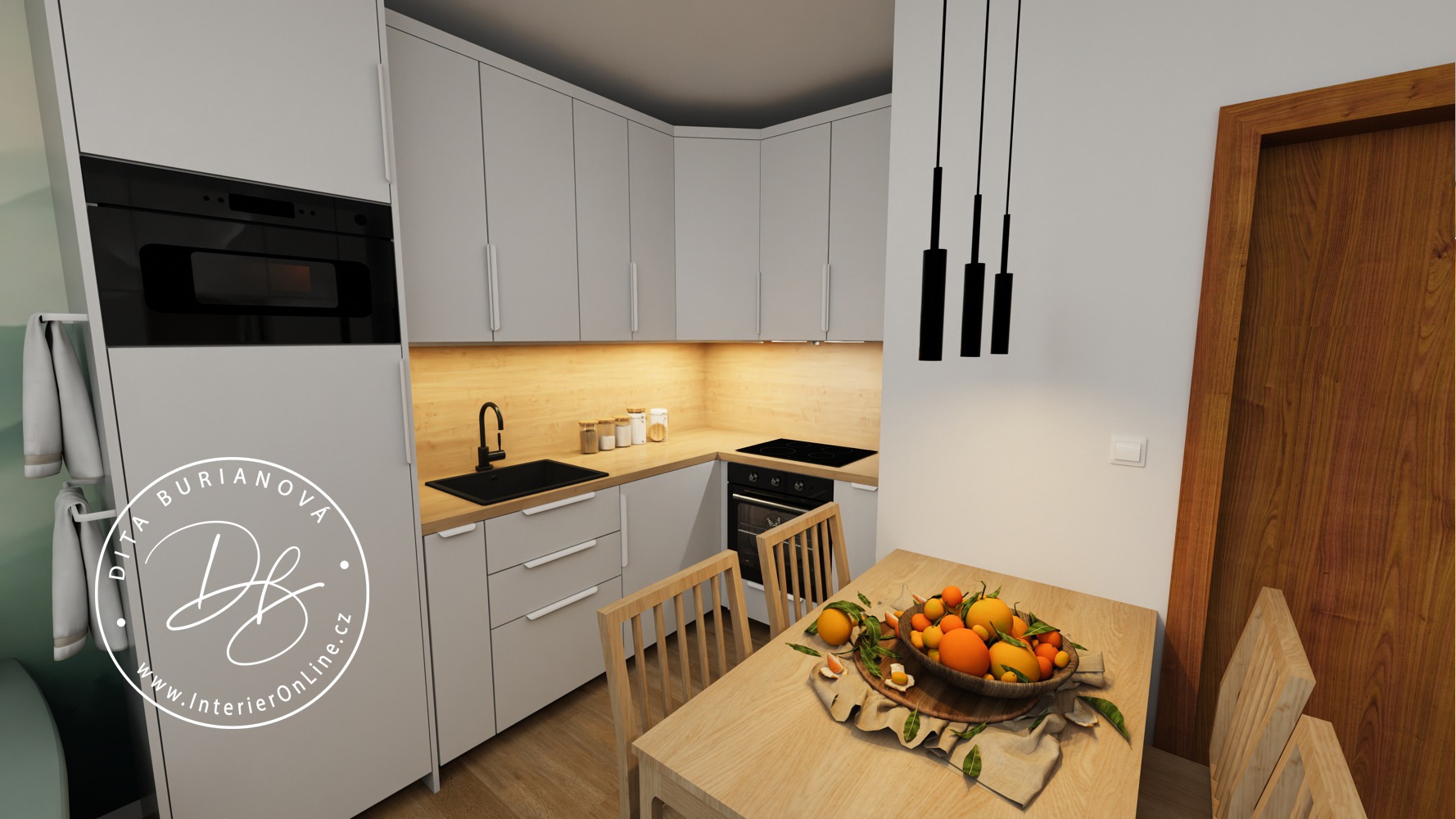 Inspirace pro malou kuchyni ve víkendovém bytě. Bílá linka IKEA Metod, vestavné spotřebiče a jídelní set ekedalen
