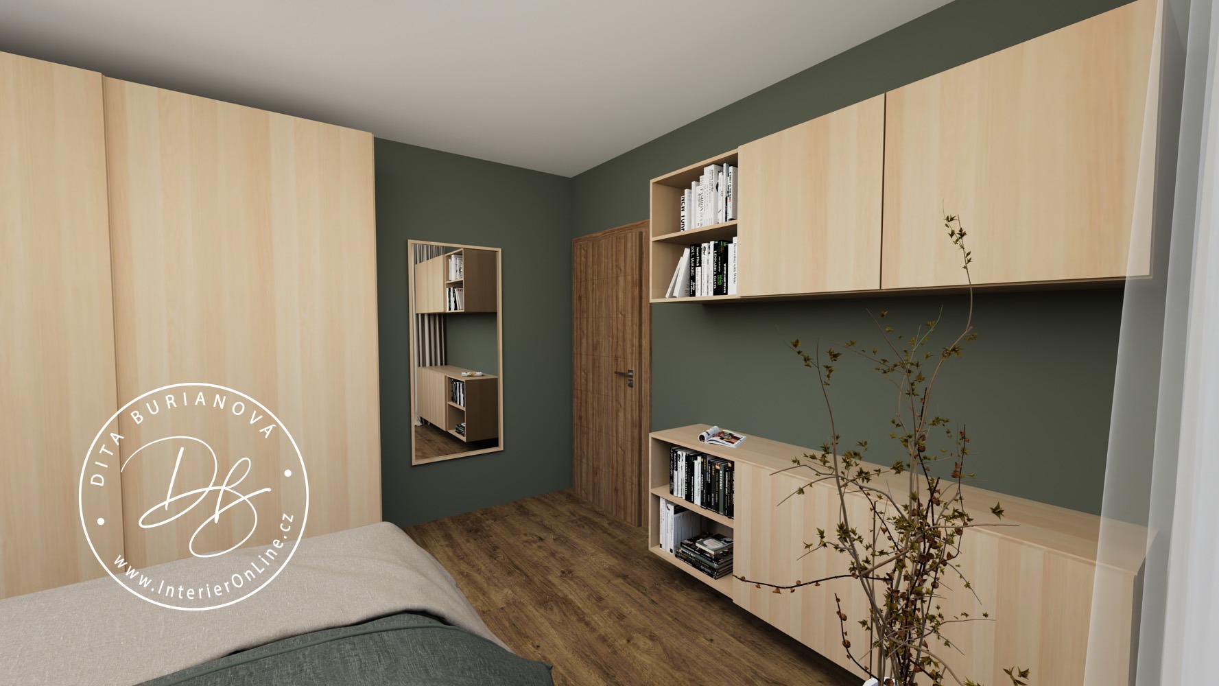 Návrh interiéru ložnice. Kombinace nízké komody a horních skříněk IKEA Bestå na olivovém pozadí.