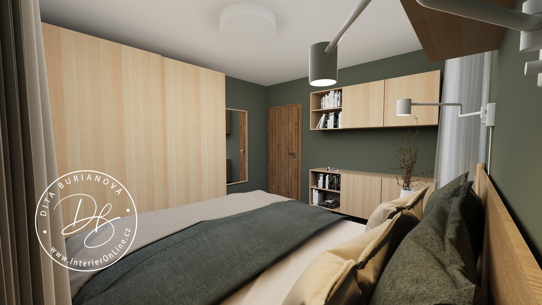 3D návrh útulné ložnice. Šatní skříň IKEA Pax ve dekoru světlého dřeva a olivově zelená výmalba.