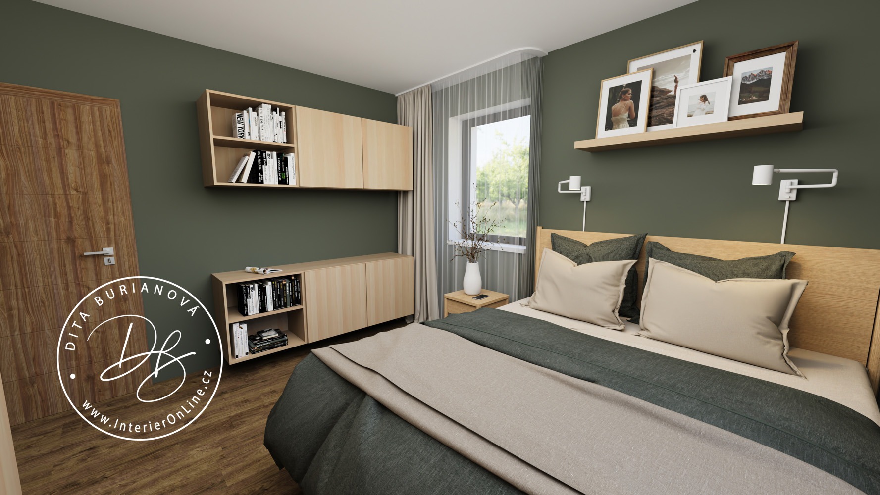 Inspirace pro moderní ložnici. Závěsné skříňky IKEA Bestå, dřevěná postel a police s obrazy nad čelem.