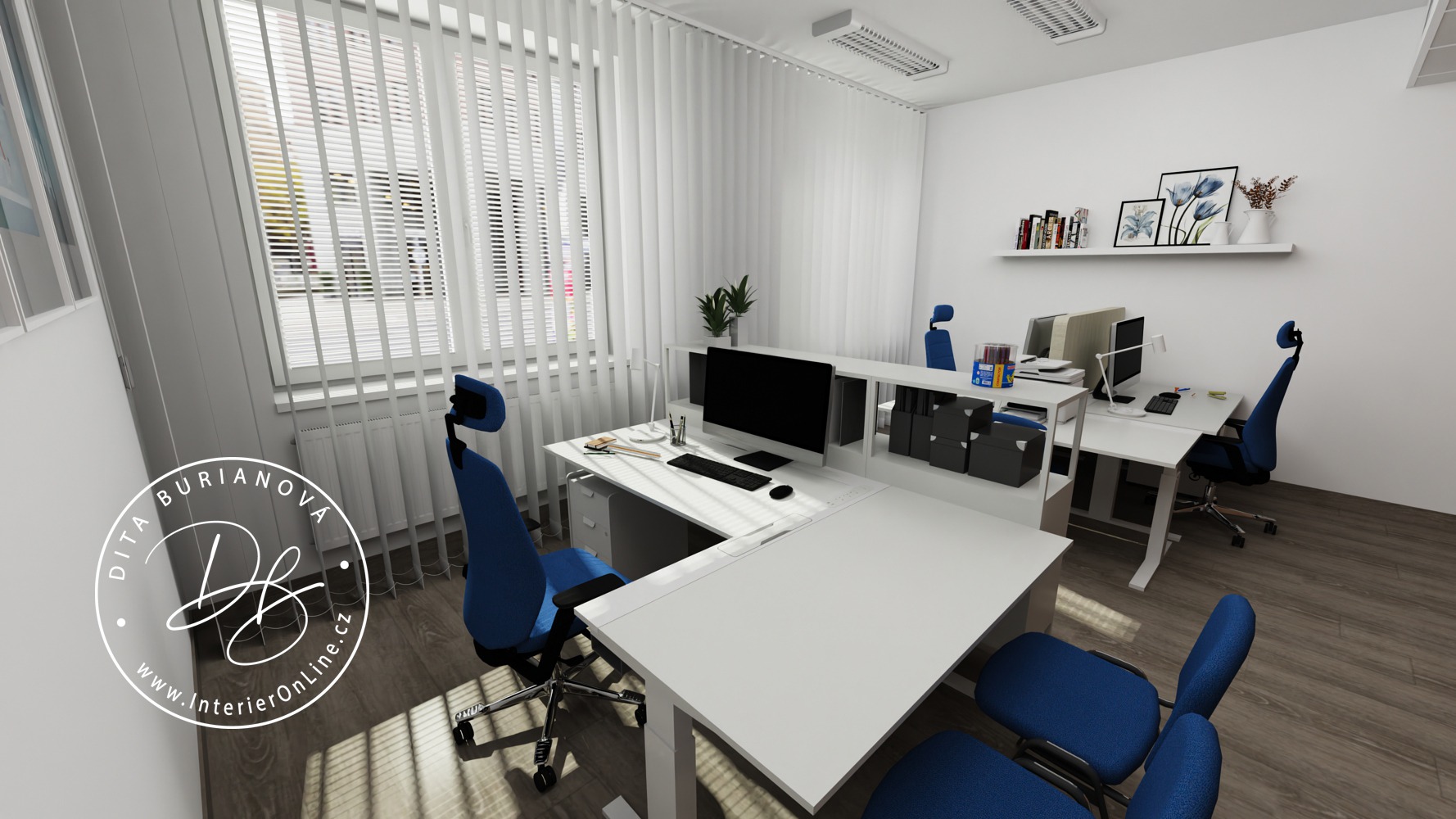 3D návrh moderní kanceláře IKEA. Bílý rohový psací stůl, modré kancelářské židle a police na stěně.