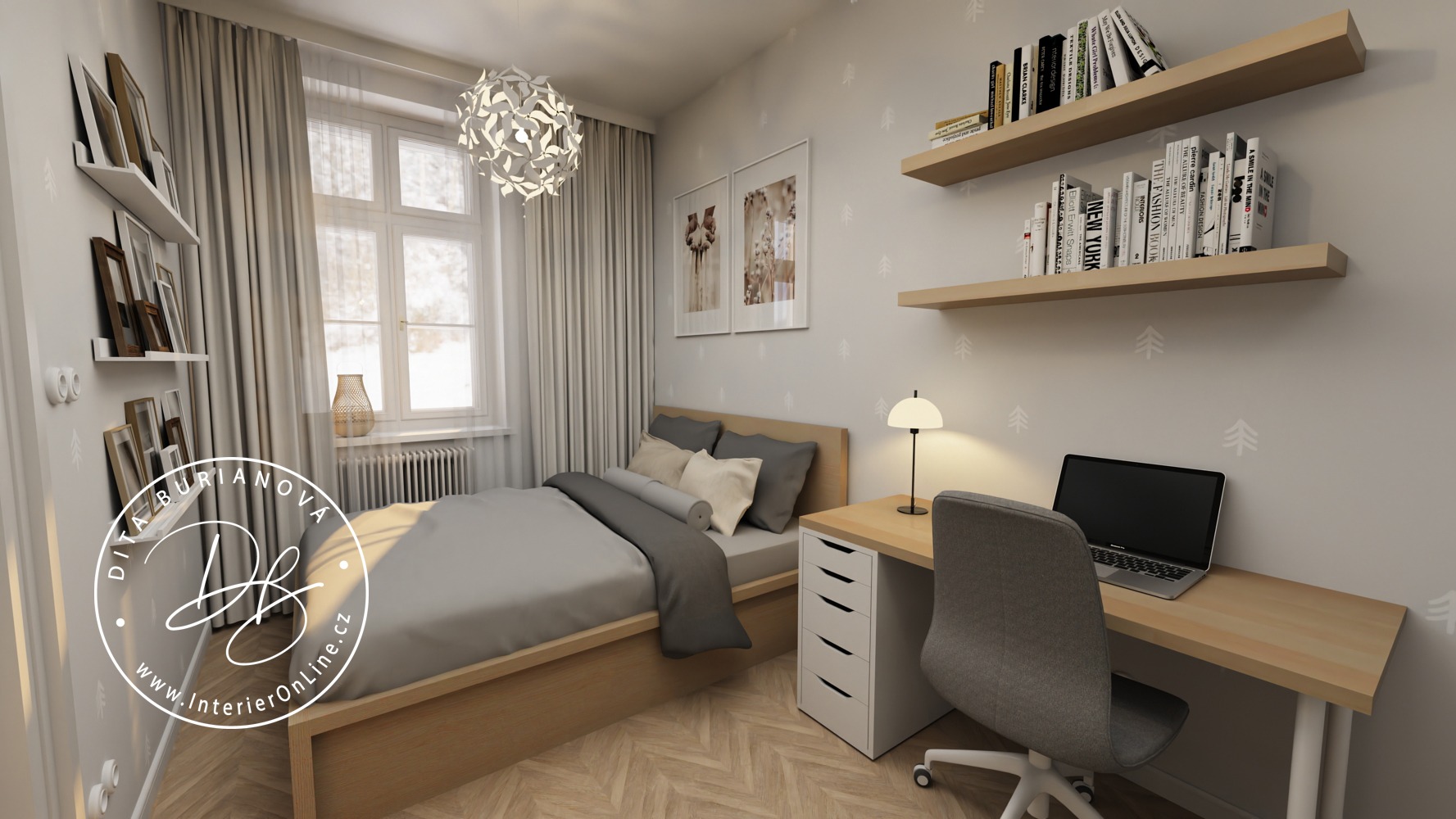 pokoj pro studentku vysoké školy, skříň na míru + ikea, tapeta od lovel