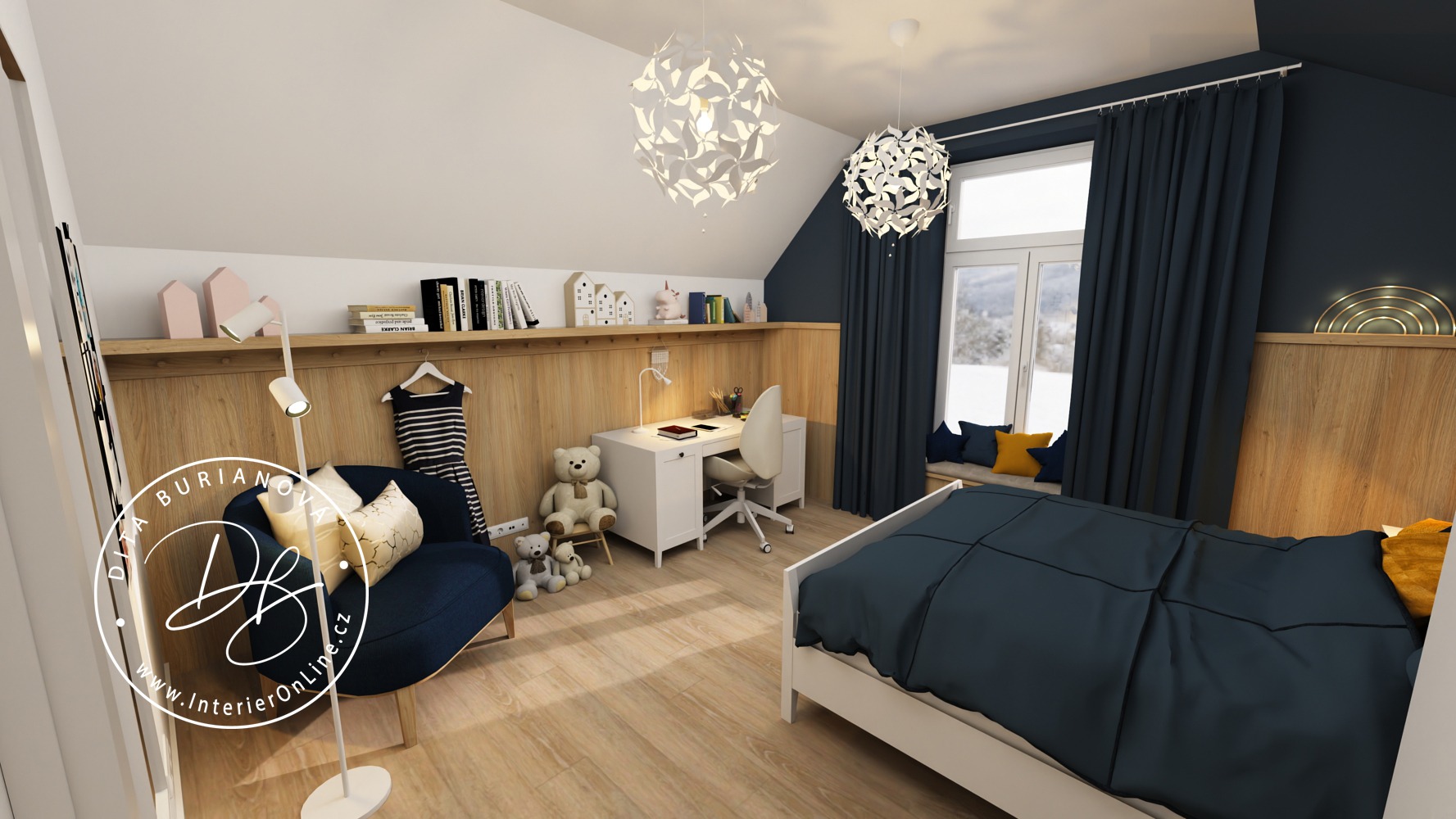 podkrovní pokojíček pro slečnu, nábytek ikea hemnes, tmavá zeď
