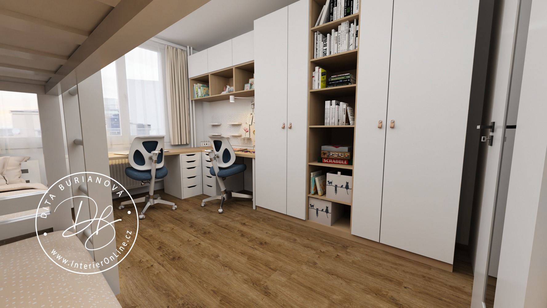 pnelákový pokojíček pro tři děti, nábytek ikea pax, alex, lagkapten, patrová postel