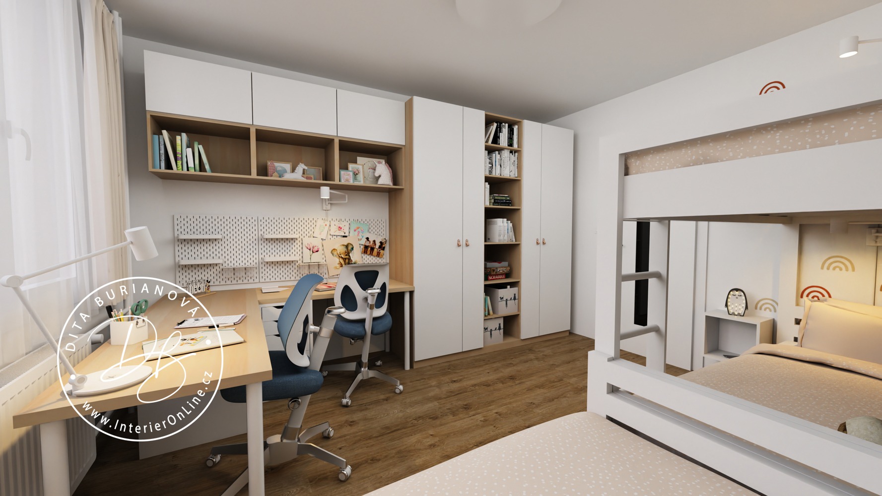 pnelákový pokojíček pro tři děti, nábytek ikea pax, alex, lagkapten, patrová postel