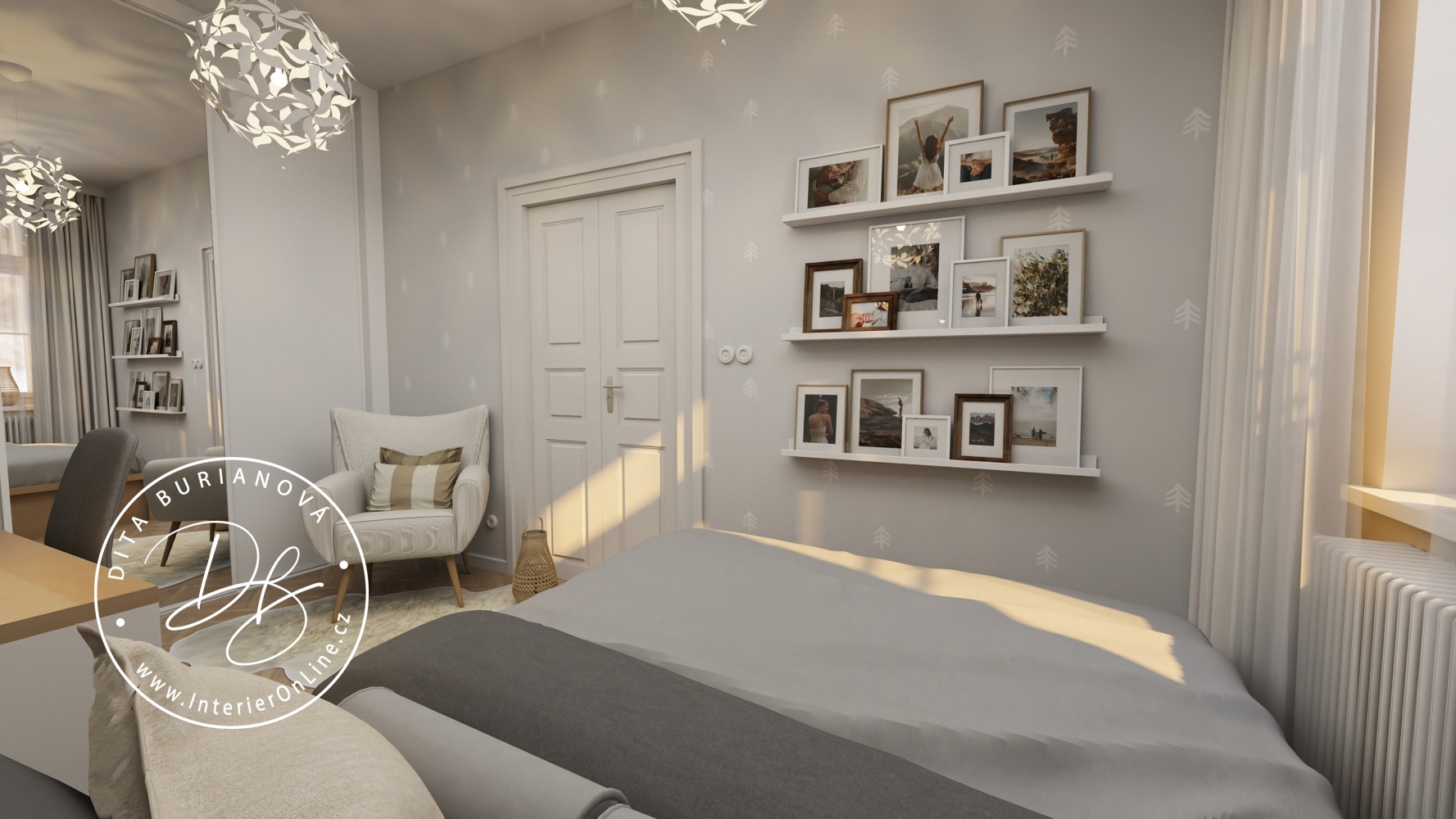 pokoj pro studentku vysoké školy, skříň na míru + ikea, tapeta od lovel