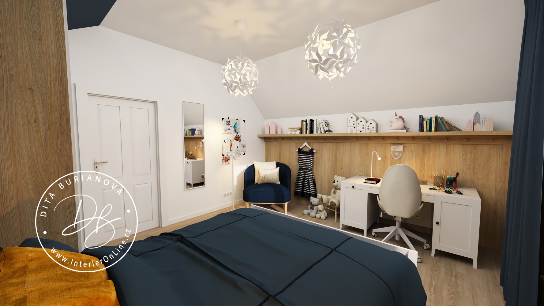 podkrovní pokojíček pro slečnu, nábytek ikea hemnes, tmavá zeď