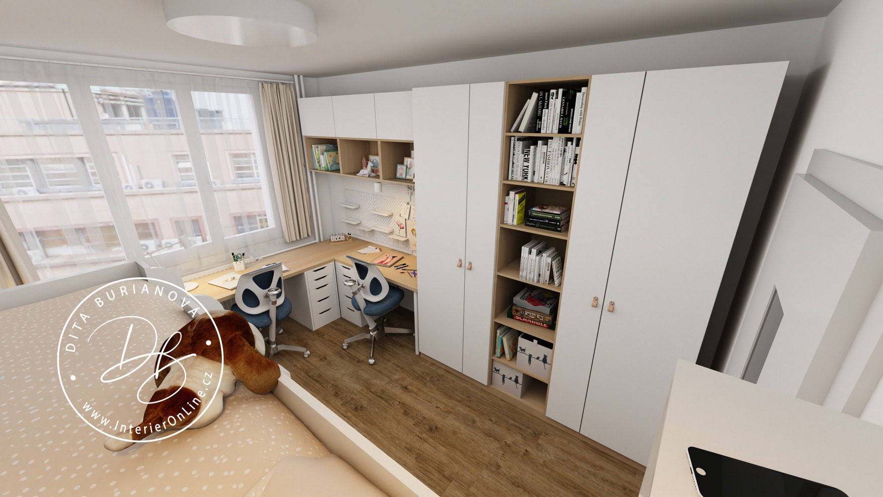 pnelákový pokojíček pro tři děti, nábytek ikea pax, alex, lagkapten, patrová postel