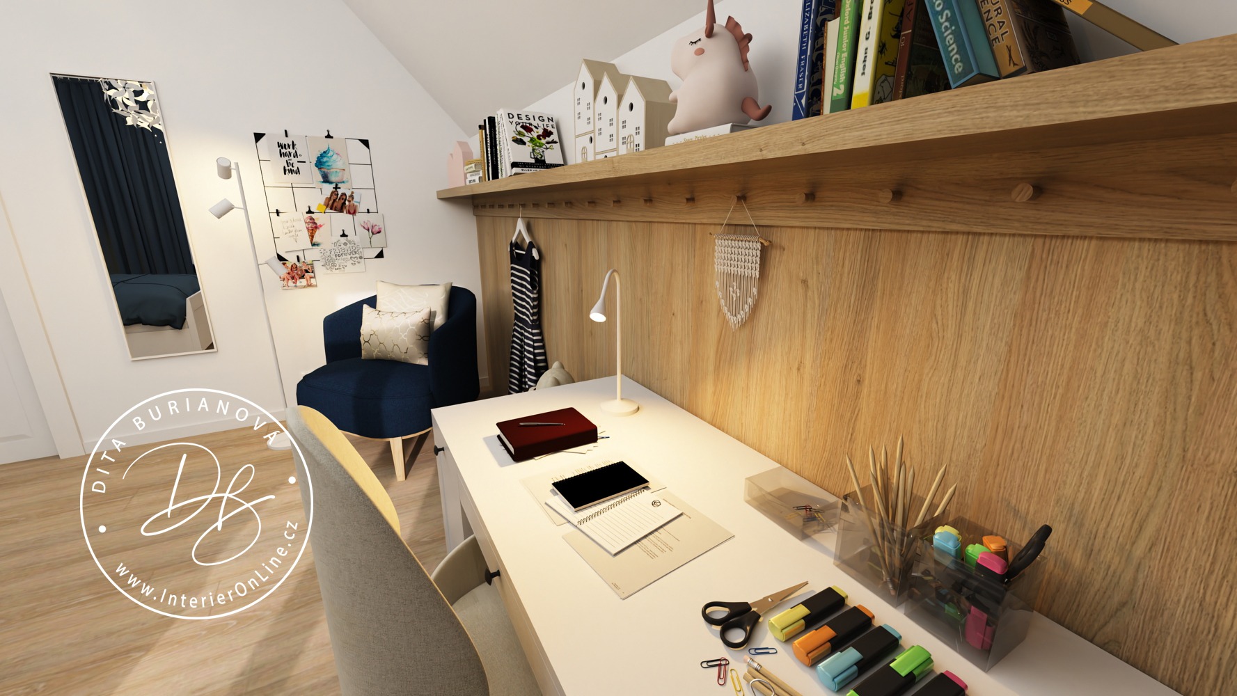 podkrovní pokojíček pro slečnu, nábytek ikea hemnes, tmavá zeď