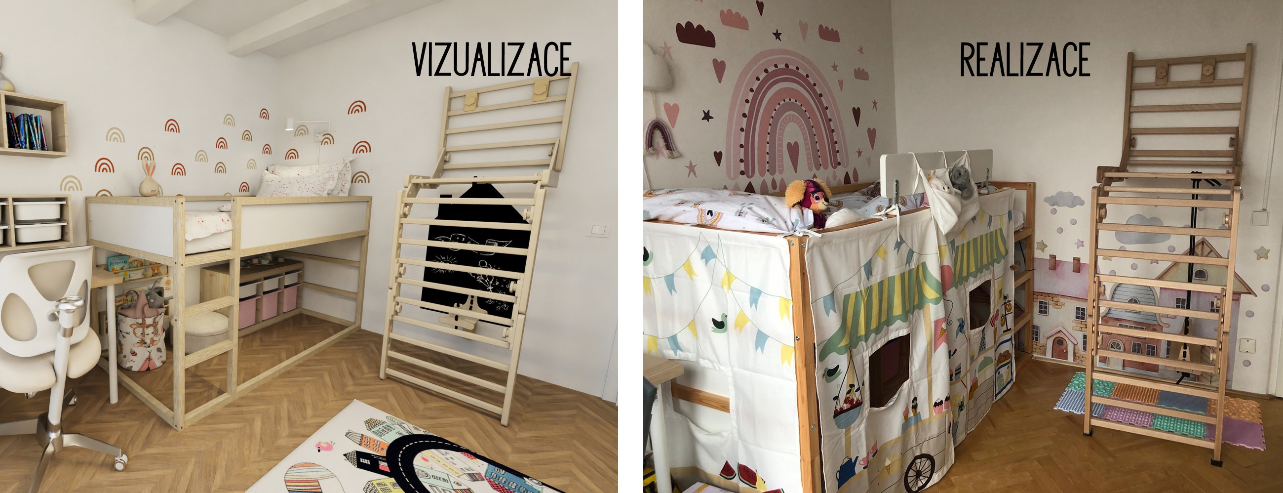 pokojíček s postelí ikea kura, žebřinami antonie emma a ikea trofast