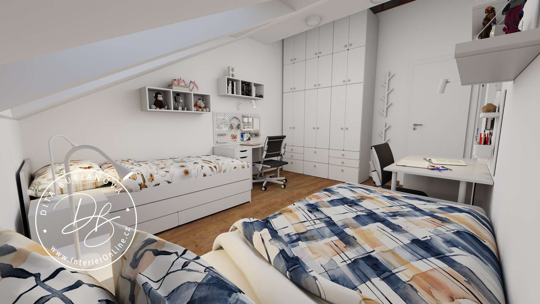 Bílé úložné skříně IKEA Platsa u zkosené stěny v sourozeneckém podkrovním pokoji