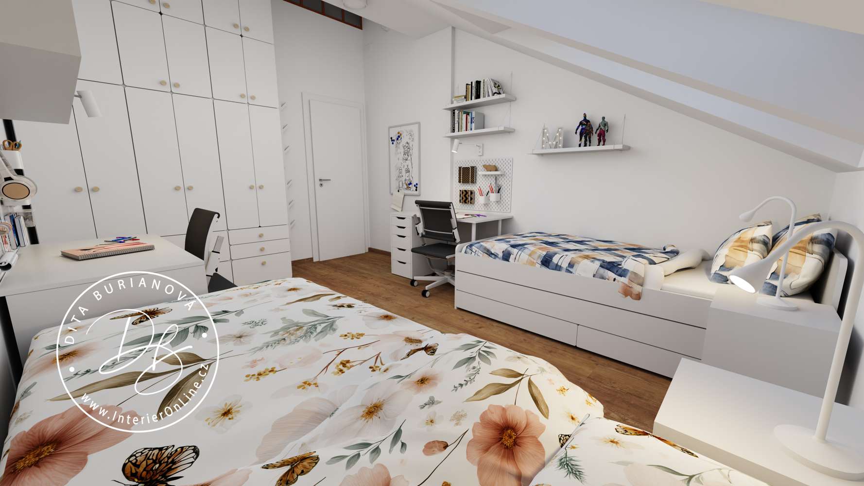 Společný podkrovní pokoj pro kluka a holku s bílými postelemi IKEA Släkt pod šikminou
