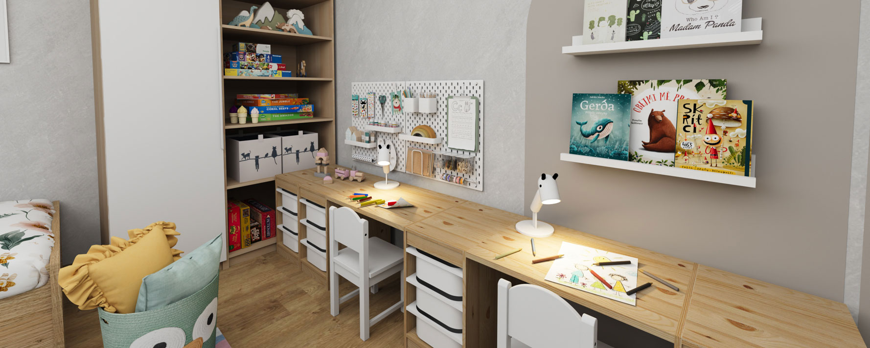 Dvojitý dětský psací stůl s úložnými boxy IKEA Trofast a závěsným organizérem Ikea Skädis